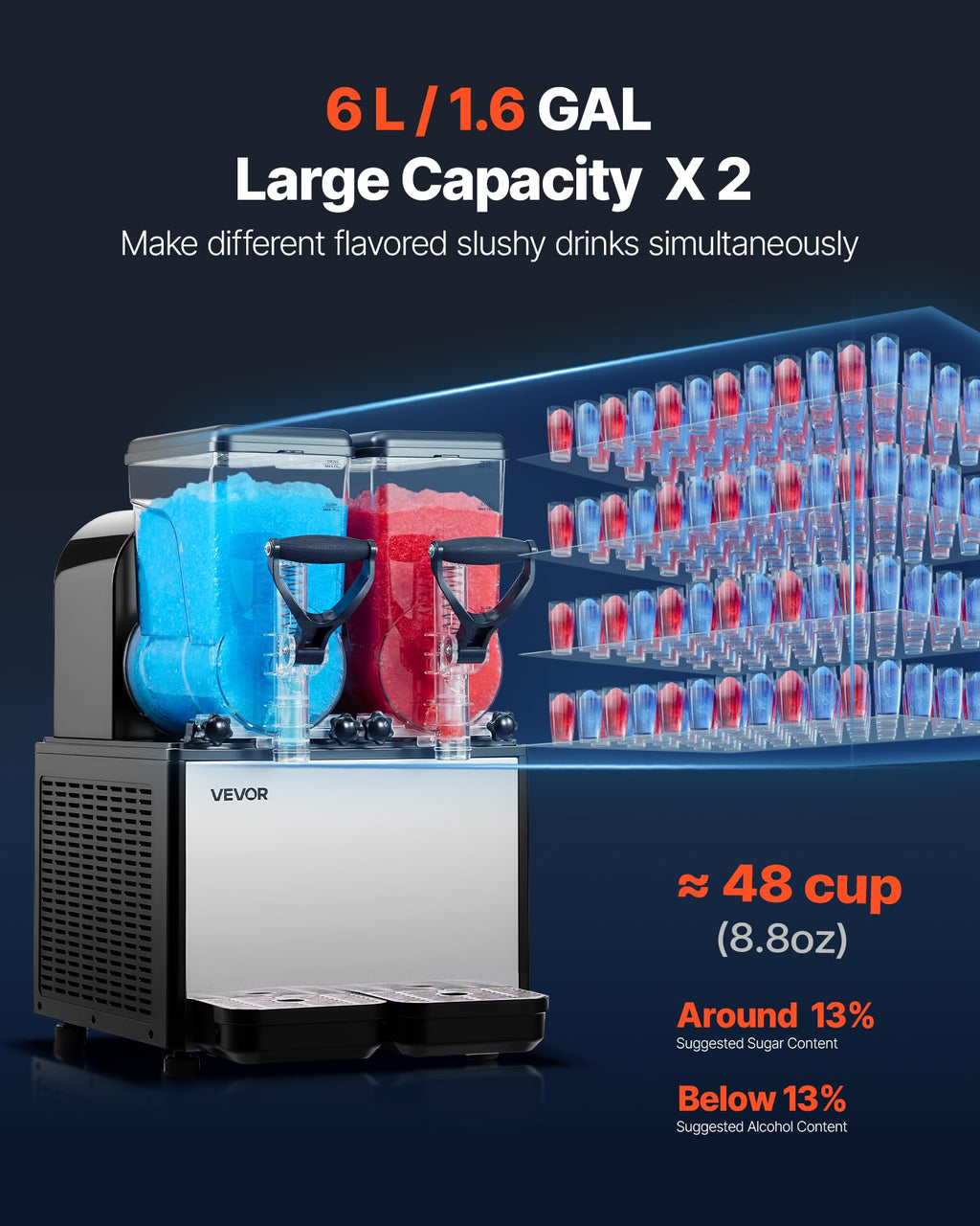 VEVOR Slushie Machine, 6L/1.6Gal Commercial Slushy Maker, Frozen Drink Maker with Self-Cleaning, Margarita Machine for Restaurants Bars Party for Slushie, Margaritas, Milkshake & More