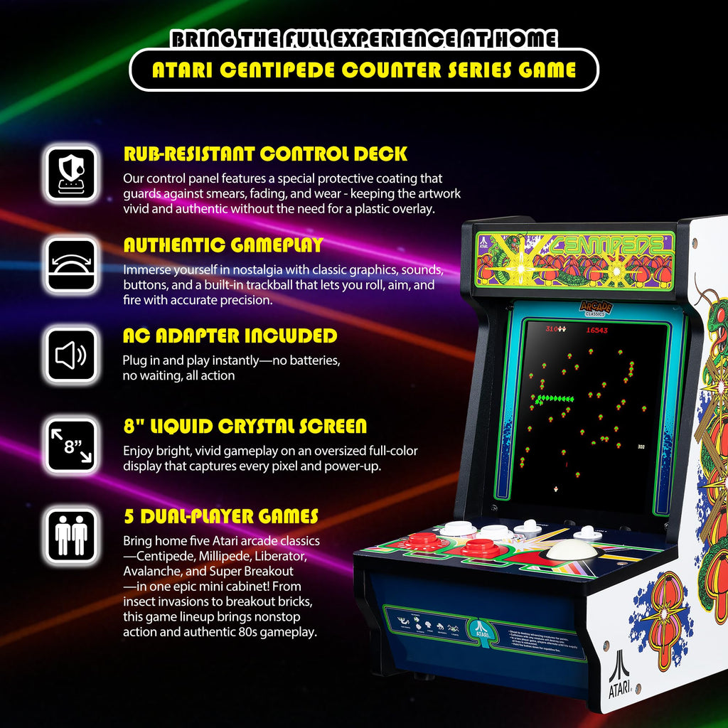 Arcade Classics - Atari Asteroids Counter Series Game Machine, 5 Games, 8" Liquid Crystal Screen - Mini Cabinet, Portable Gaming, Retro, Countertop Console, Basement Decoration, Man Cave