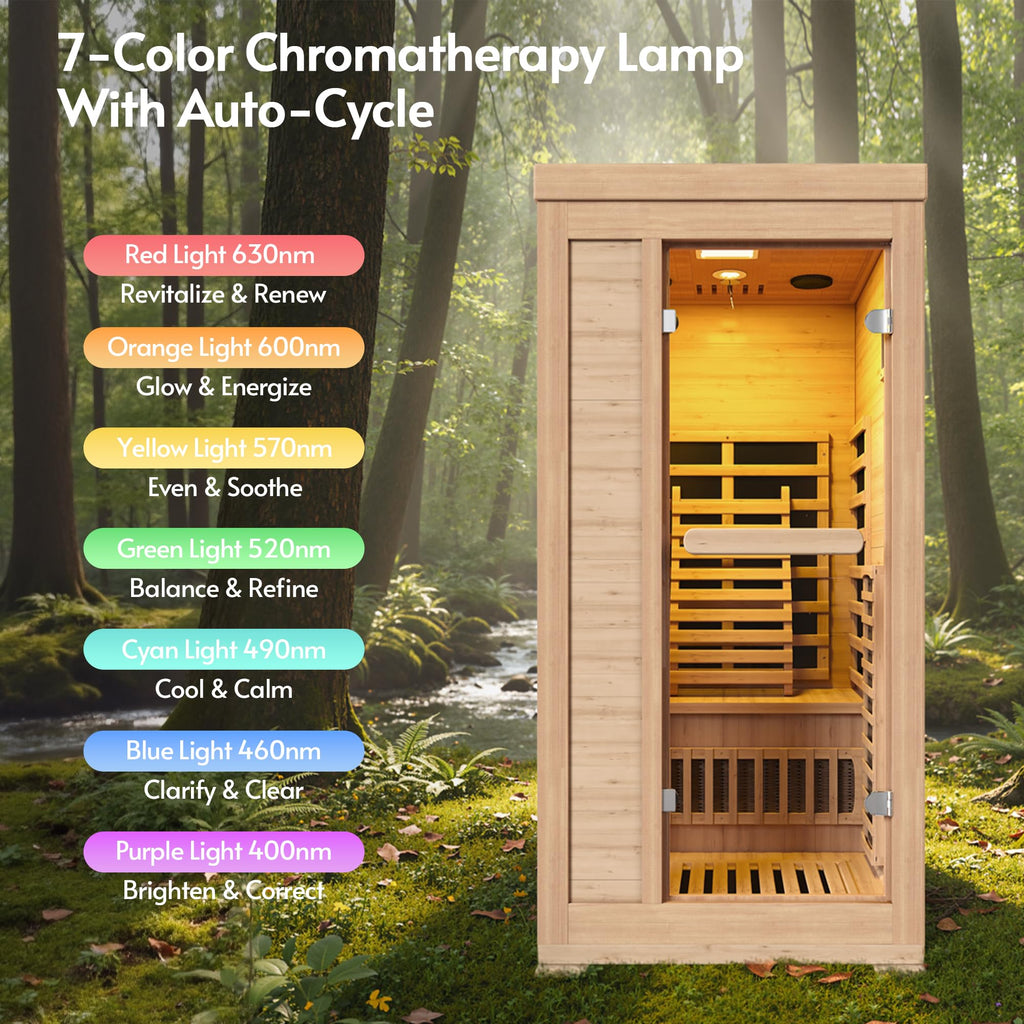 Infrared Sauna at Home 1 Person Mini with 7 Color Full Spectrum, Low EMF 1240W Fast Heating Canadian Hemlock Wood Sauna, Indoor Dry Sauna with Music Speakers for Home, Gym (2.3Lx2.9Wx5.2H Ft)