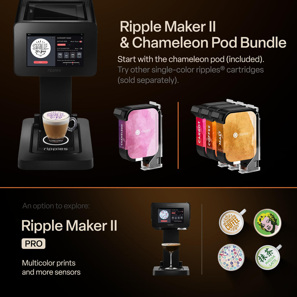 Ripples The Original Maker II, Print on Beverage Foam and Desserts, Plant-Based Ingredients Only, Selfie and Personalized Designs (Machine + Chameleon Pod)