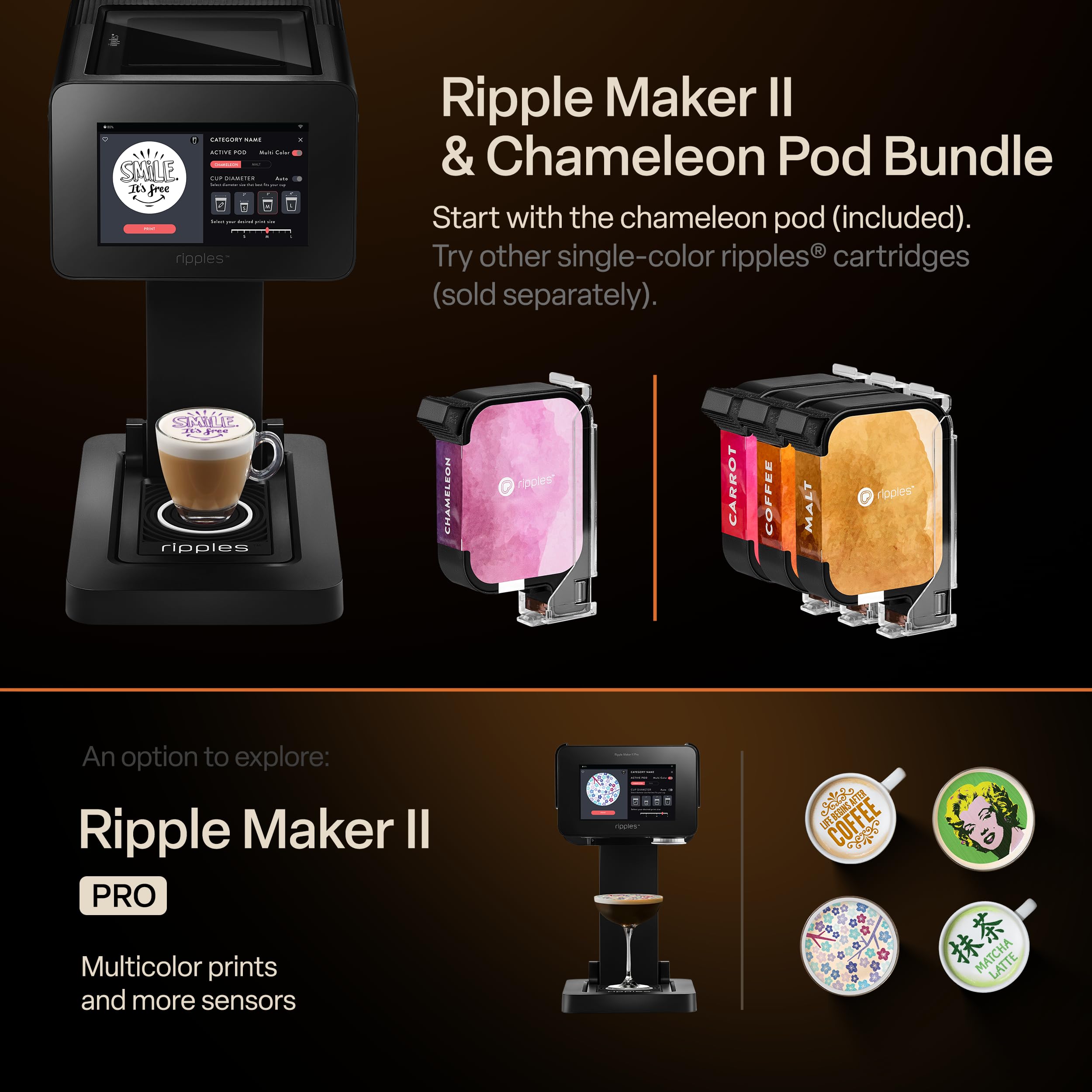 Ripples The Original Maker II, Print on Beverage Foam and Desserts, Plant-Based Ingredients Only, Selfie and Personalized Designs (Machine + Chameleon Pod)