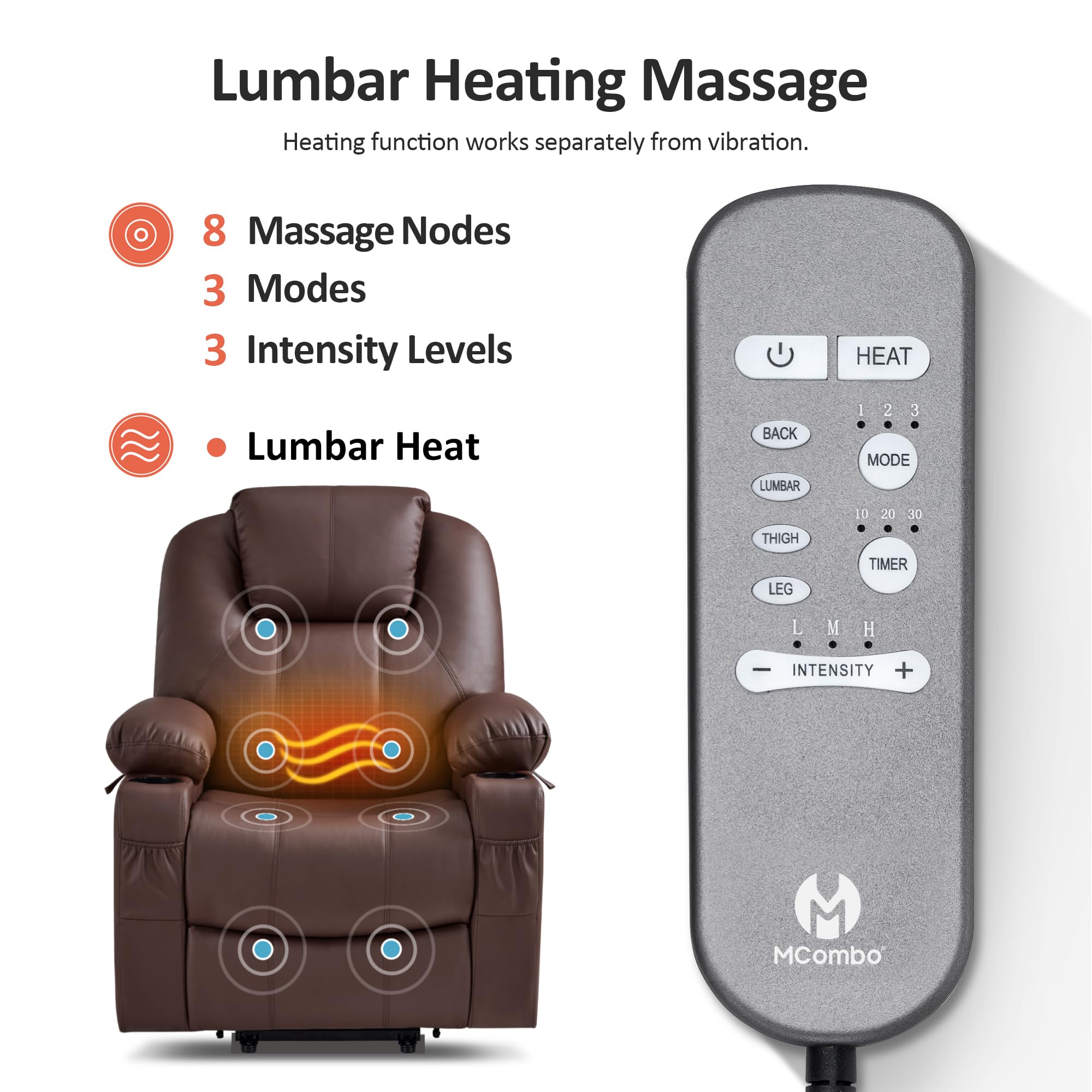 MCombo Electric Power Lift Recliner Chair Sofa with Massage and Heat for Elderly, 3 Positions, 2 Side Pockets, and Cup Holders, USB Ports, Faux Leather 7040 (Grey, Medium)