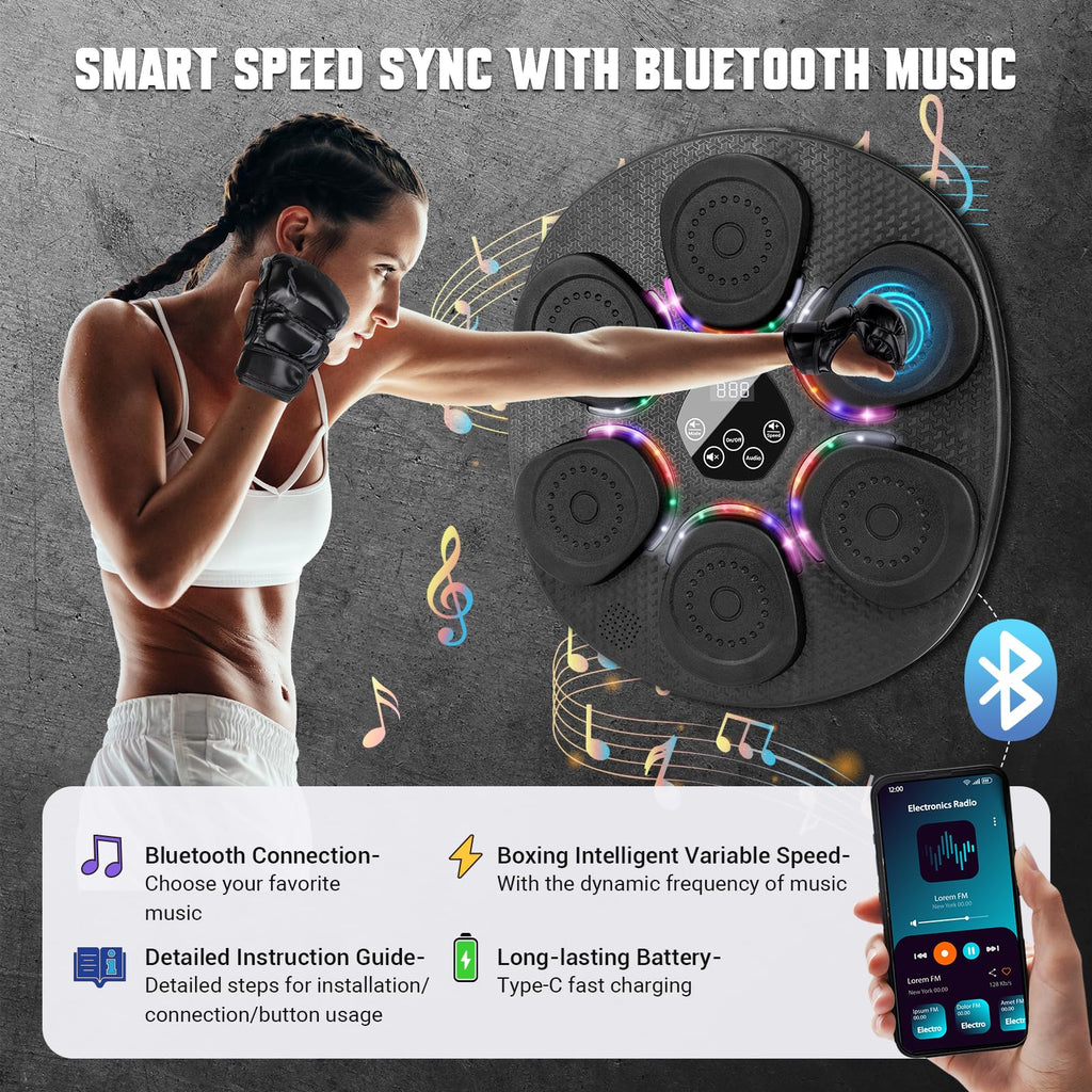 Music Boxing Machine for Adults & Kids, Bluetooth Smart Boxing Wall Machine with Gloves, 9 Modes, 6 Speeds & 3 Sensitivity, Electric Light Up Music Punching Machine for Home & Gym