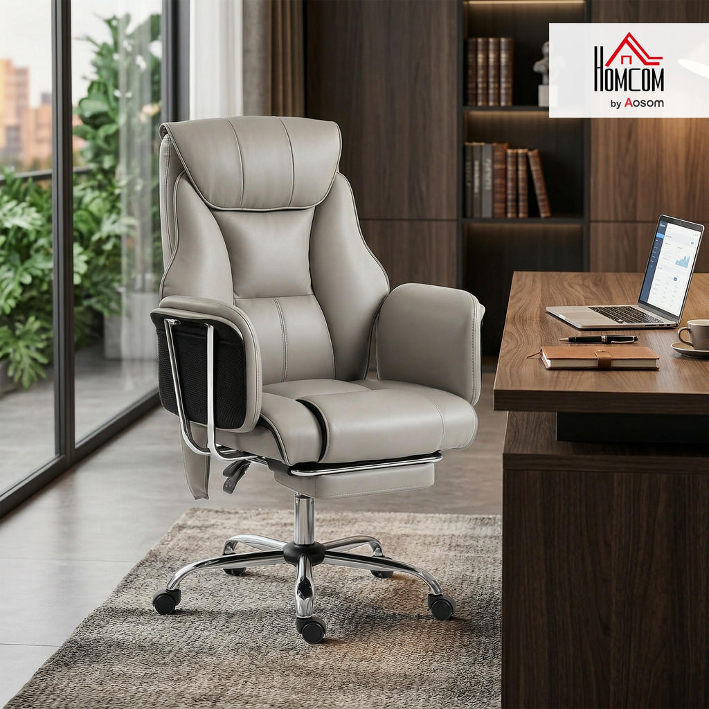 HOMCOM Massage Office Chair with 6-Point Vibration, 155° Recline & Retractable Footrest, PU Leather Executive Computer Desk Chair with Lumbar Support, Pocket Springs, Wheels for Home Office, Black