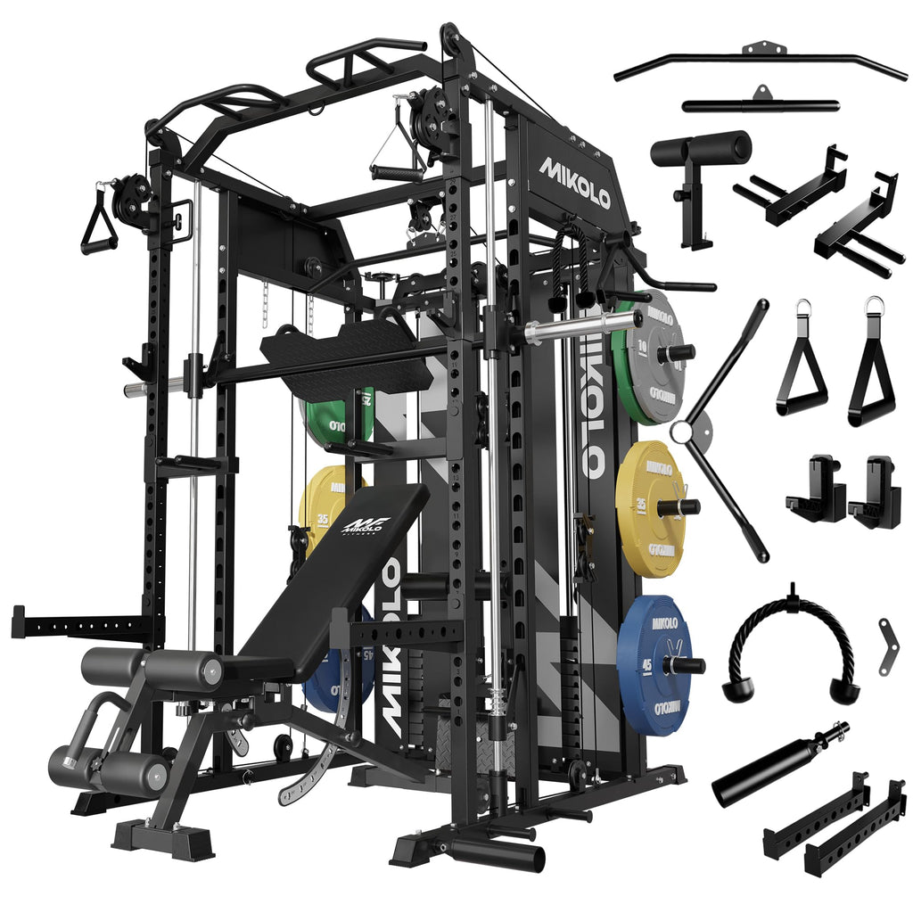 Mikolo Smith Machine with Weight Stack, Power Cage Home Gym System with LAT Pulldown & Cable Crossover, Multi-Functional Trainer with Dual Pulley System, Includes 10+ Free Attachments