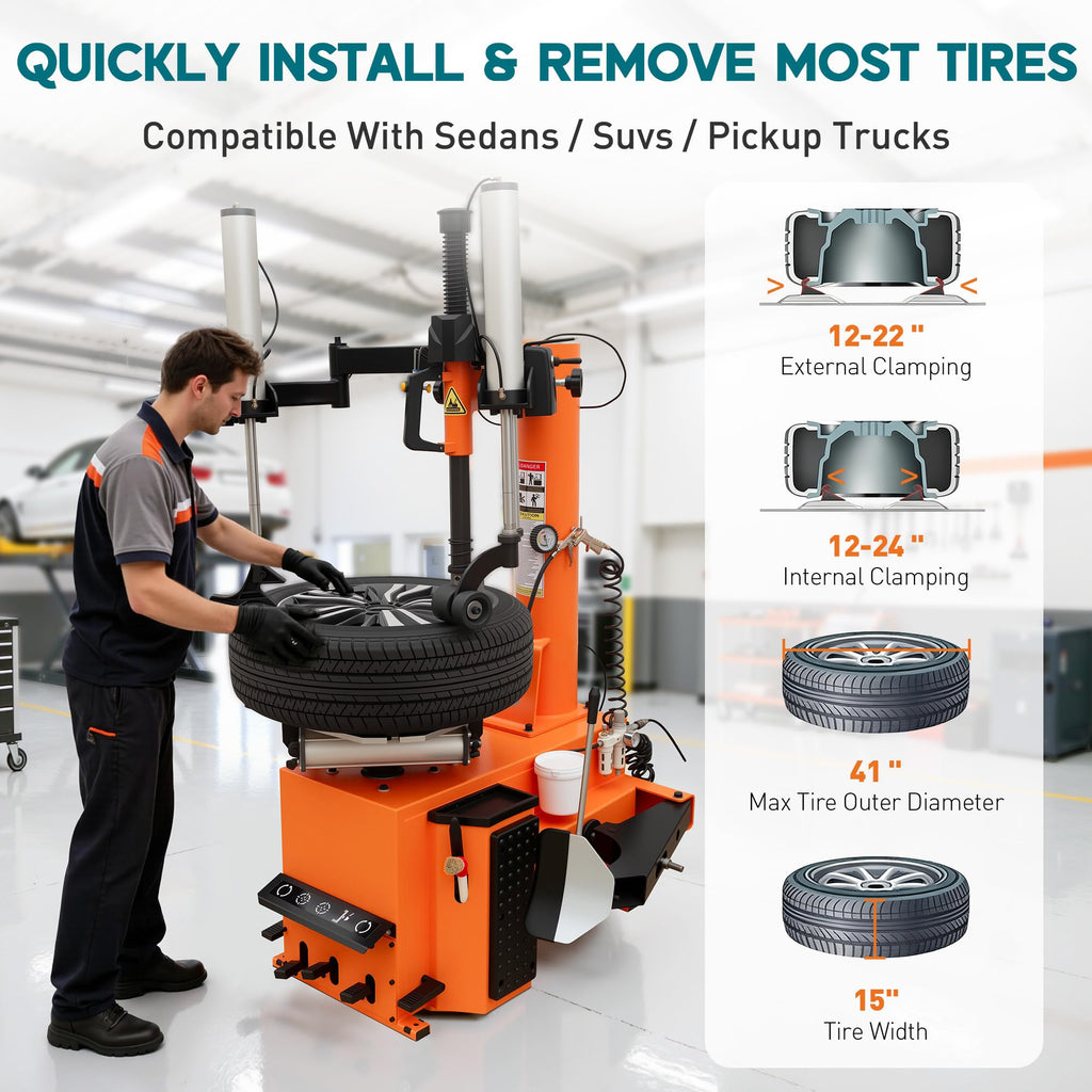 Albott 2HP Tire Changer Machine, 110V Heavy-Duty Wheel Changer for 10"–24" Rims, Outside Clamp 10"–20" Inside Clamp 12"–24", Tire Mounting and Demounting Tool for Home Garage & Auto Shop
