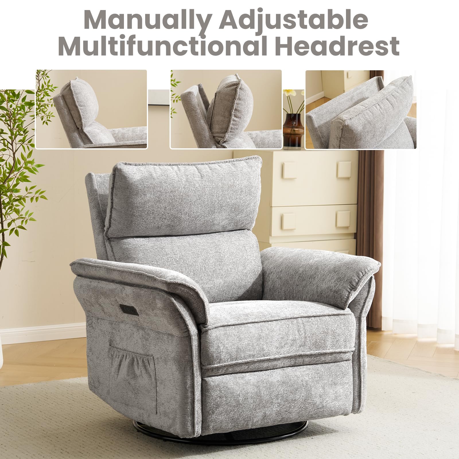 Oversized Rocking Chair Nursery with Massage and Heat, Glider Recliner Nursery Chair with Adjustable Headrest, Power Swivel Rocker Recliner Chair with USB Port, Dark Grey