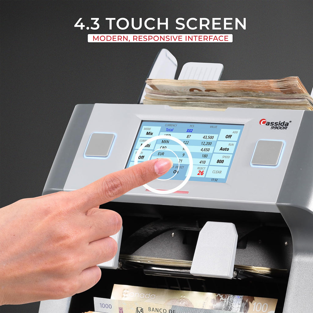 Cassida 9900R V2 2-Pocket Premium Bank Grade Money Counter Machine Mixed Denomination, Bill Sorter, Value Counting, Printer Enabled, 2 CIS, UV/MG, IR/IT Counterfeit Detection with Built-in Printer