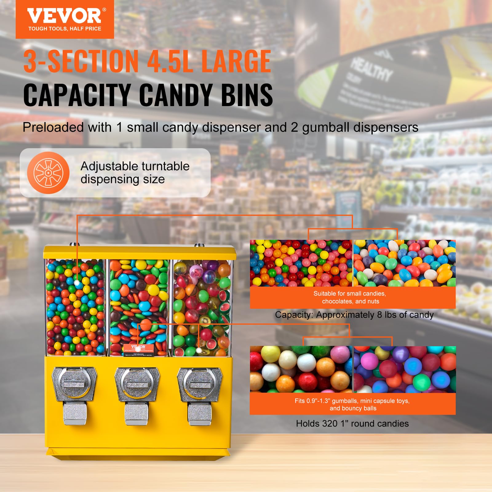 VEVOR Commercial Vending Machine, Four Compartment Rotatable Gumball and Candy Dispenser, Adjustable Height Coin Operated Candy Bank with Iron Stand, for Business Toy Capsules Bouncy Balls Nut, Blue