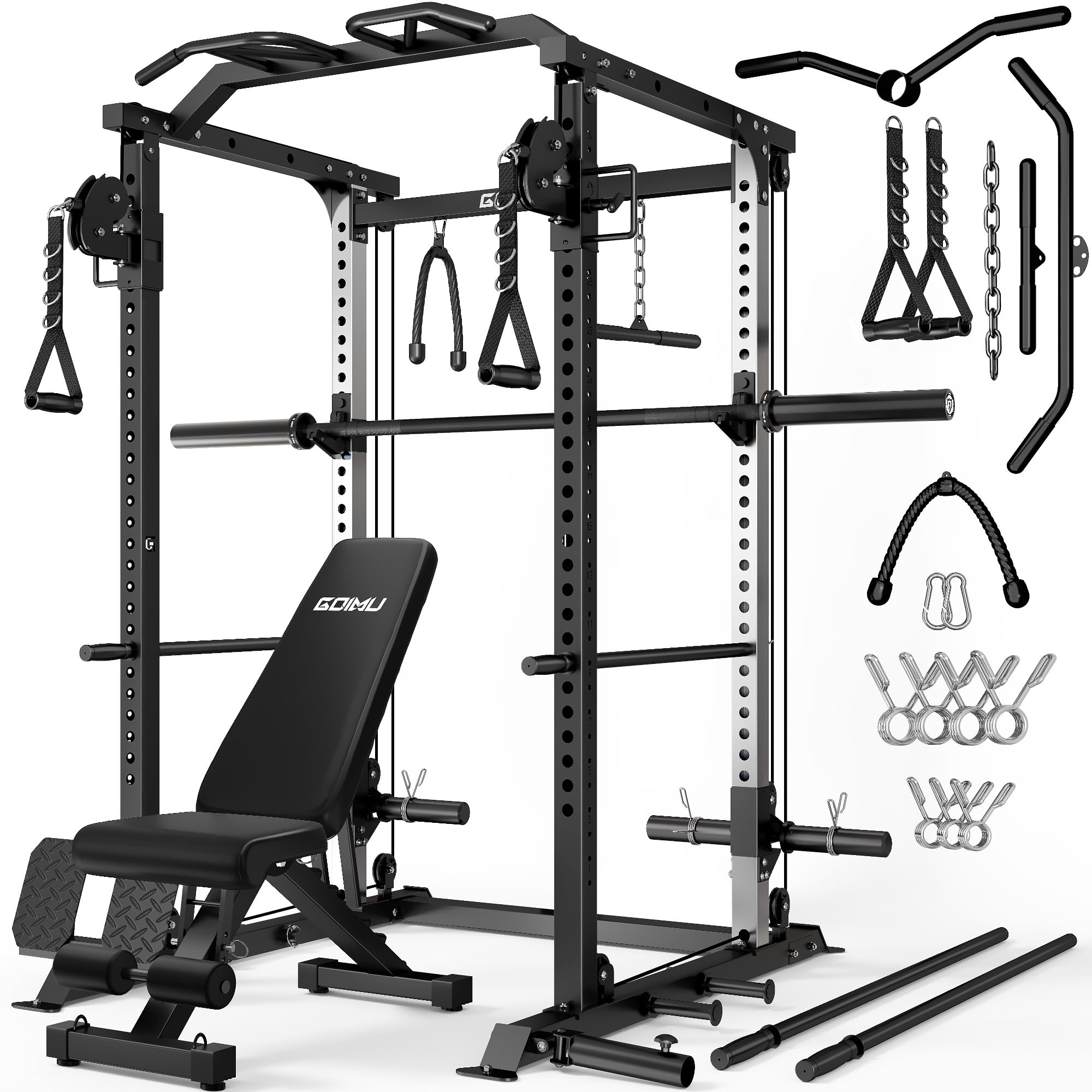 DP01 Power Cage, 2000LBS Squat Rack with with Cable Crossover and Dual Independent Pulley System, Full Cage for Full Body Training, Power Rack with More Training Attachments for Home Gym