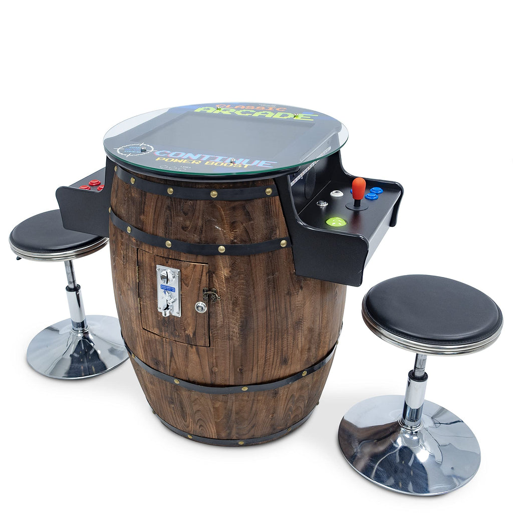 Creative Arcades Full-Size Commercial Grade Wine Barrel Style Pub Arcade Machine | Standard/Medium/Large | Classic Games | 2 Sanwa Joysticks | 2 Stools (Large, 60 Game, 19" Screen, Woodgrain)