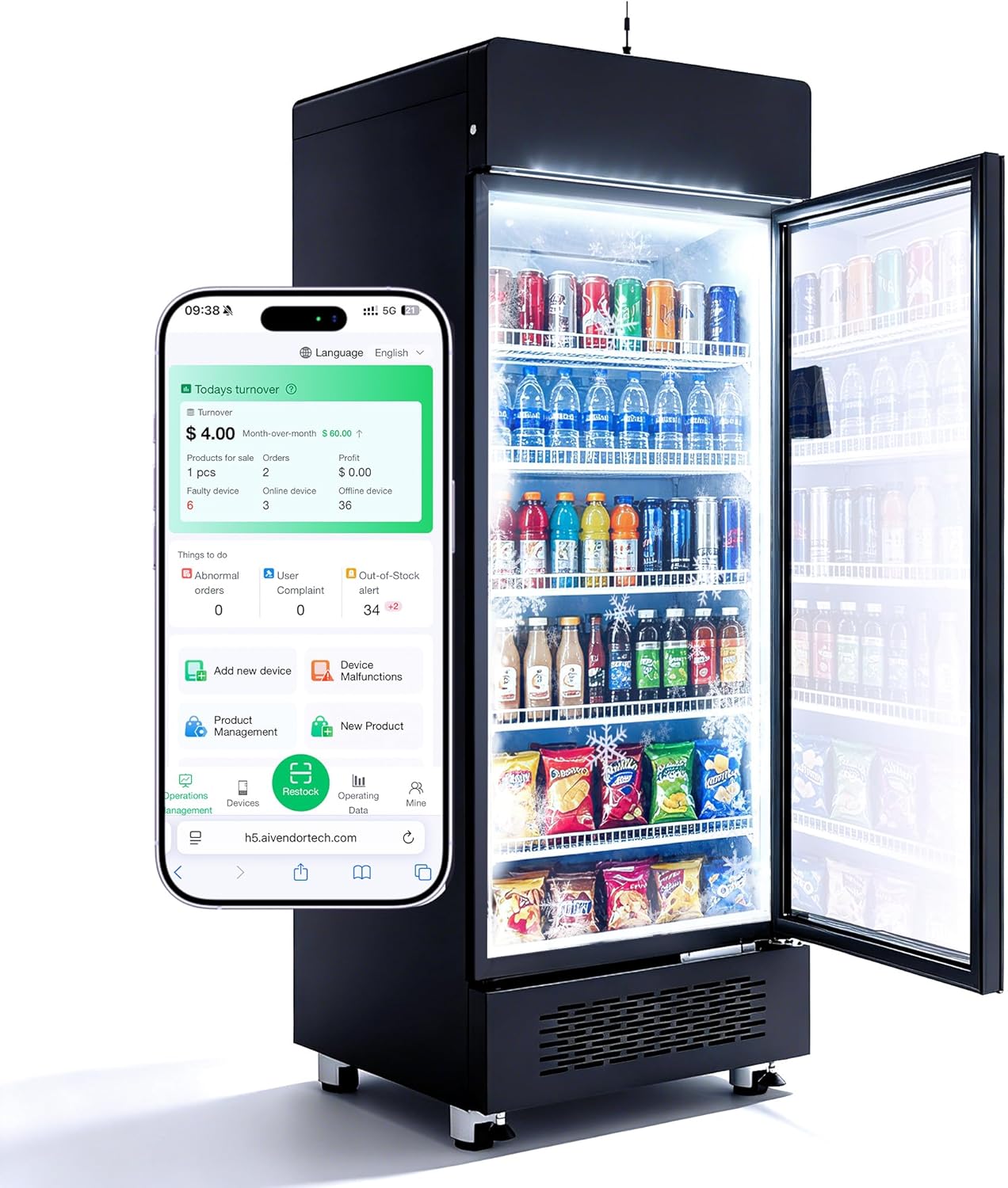 AFEN Vending Machines for Business, 530L AI Smart Vending machine with Vision Recognition, Grab & Go Open Door, Cashless Snack & Drink Combo with App Management for Office/School/Gym