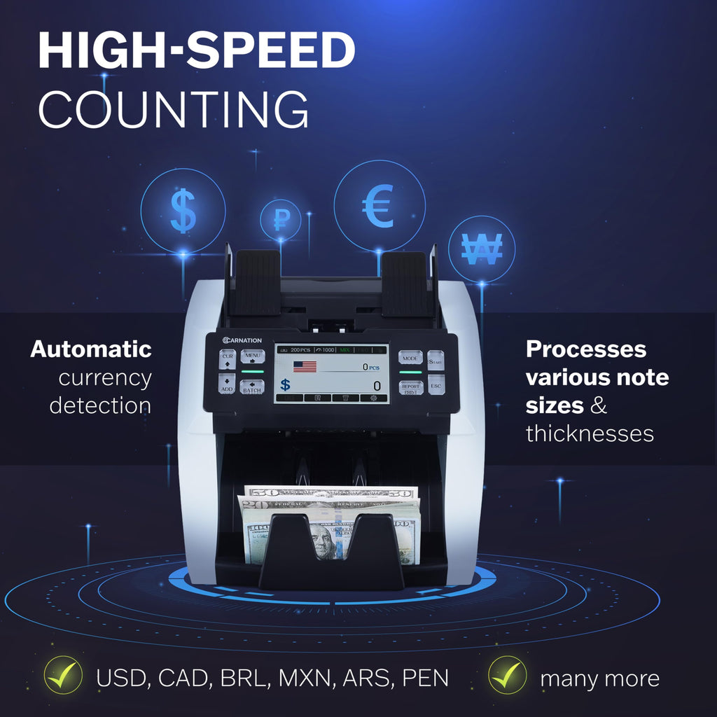 Carnation Money Counter Machine Cash Counting & Mixed Denomination Bill Counter, Portable Currency Detector, Counterfeit Bank Scanner, Dollar Sorter for Commercial, 1100 N/M, UV/MG/MT/IR/2CIS