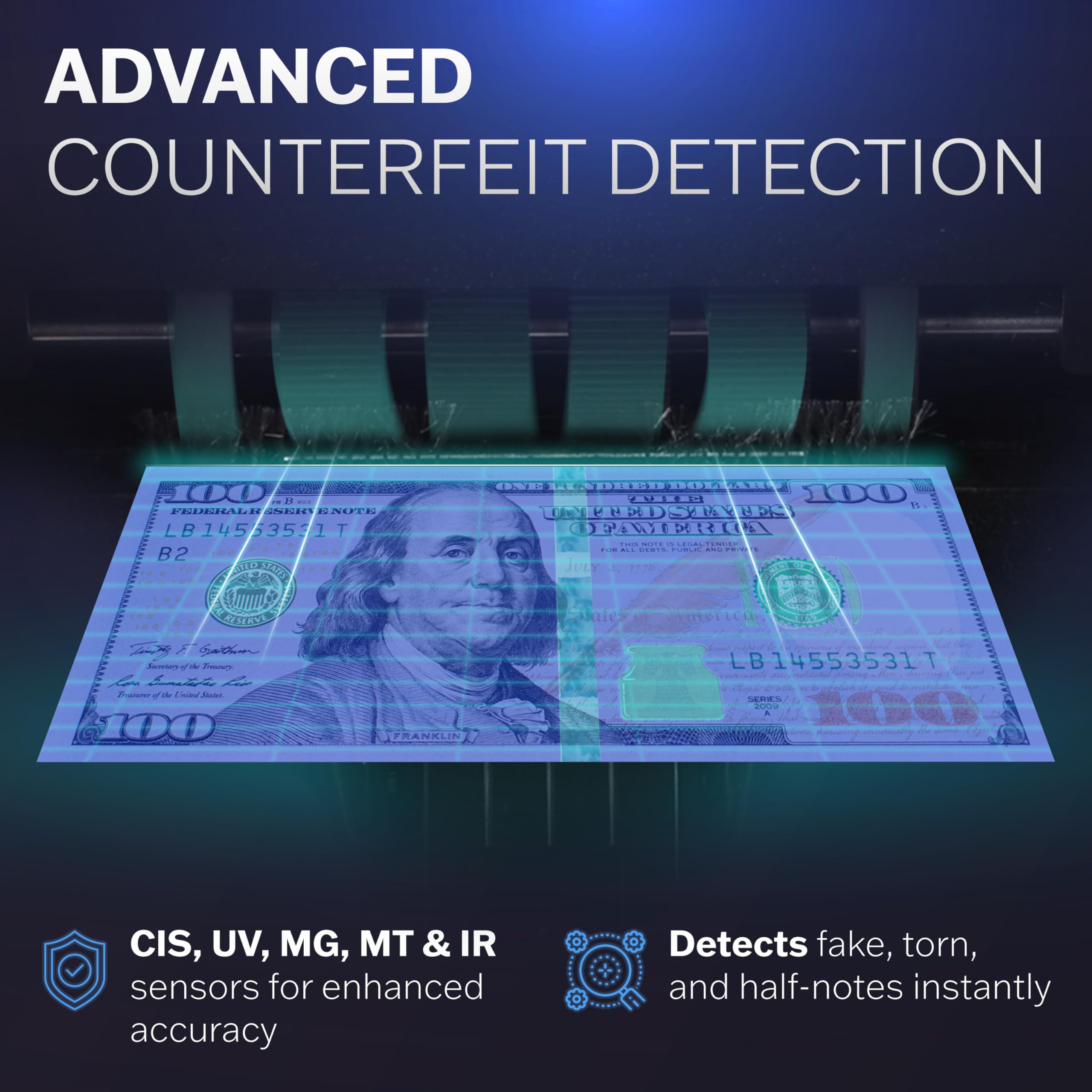 Carnation Money Counter Machine Cash Counting & Mixed Denomination Bill Counter, Portable Currency Detector, Counterfeit Bank Scanner, Dollar Sorter for Commercial, 1100 N/M, UV/MG/MT/IR/2CIS