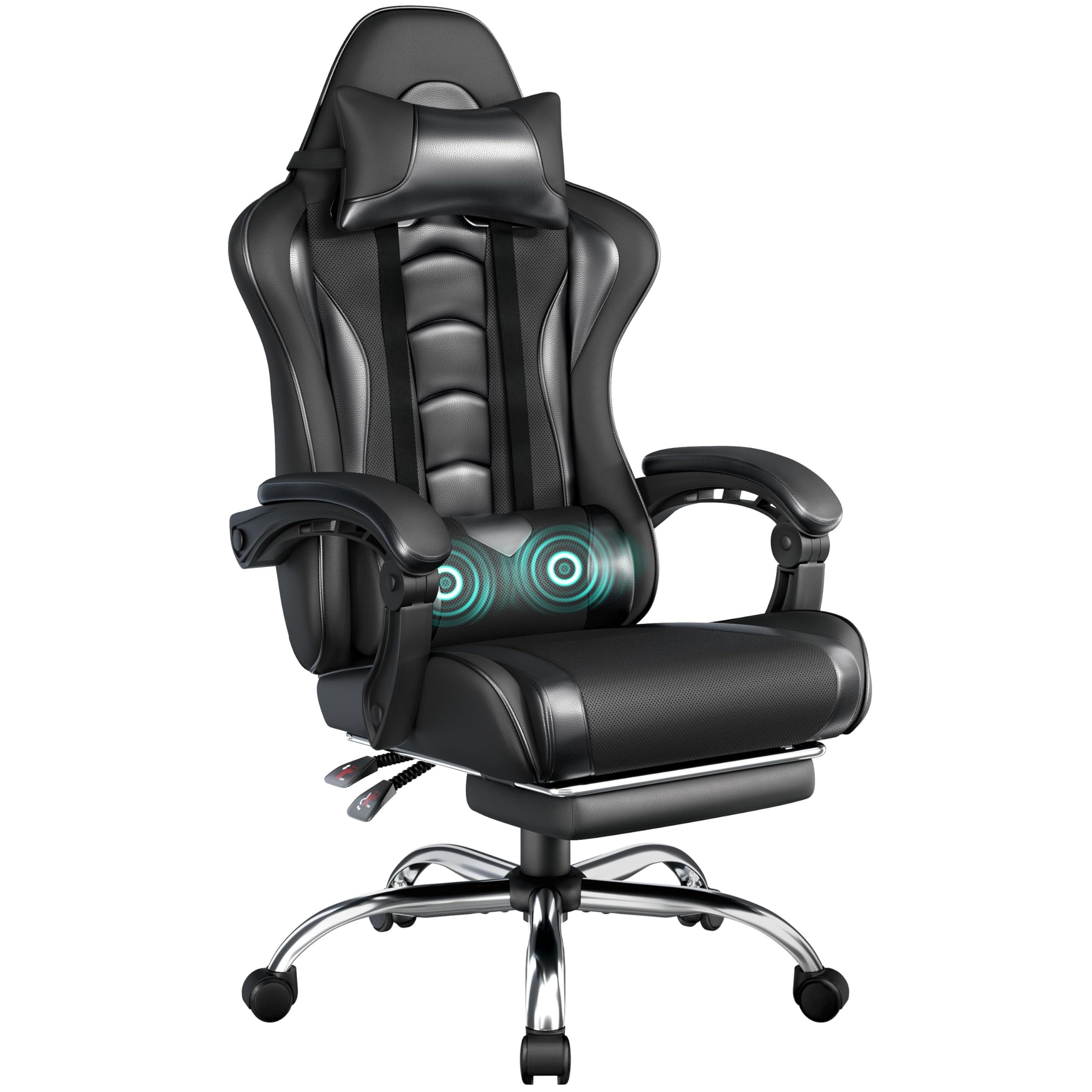 Yaheetech Gaming Chair with Electric Massage Lumbar Support, Footrest & Headrest — Ergonomic High Back Recliner for Home Office, Computer Desk Chair, Height Adjustable, 300 lbs, Black/White