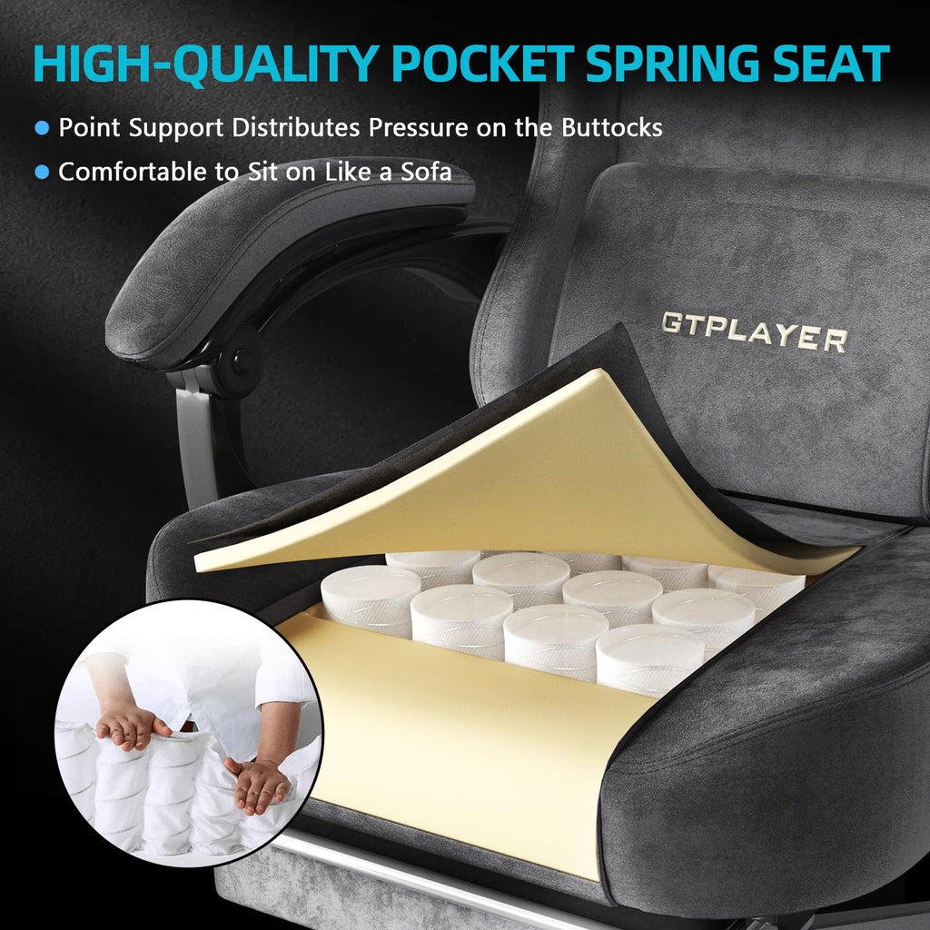 GTPLAYER Gaming Chair with Pocket Spring Cushion, Big and Tall Gamings Chairs 350LBS High Back Computer Chair with Footrest for Adults Lumbar Support Swivel Game Chair for Office,Leather Black-Massage