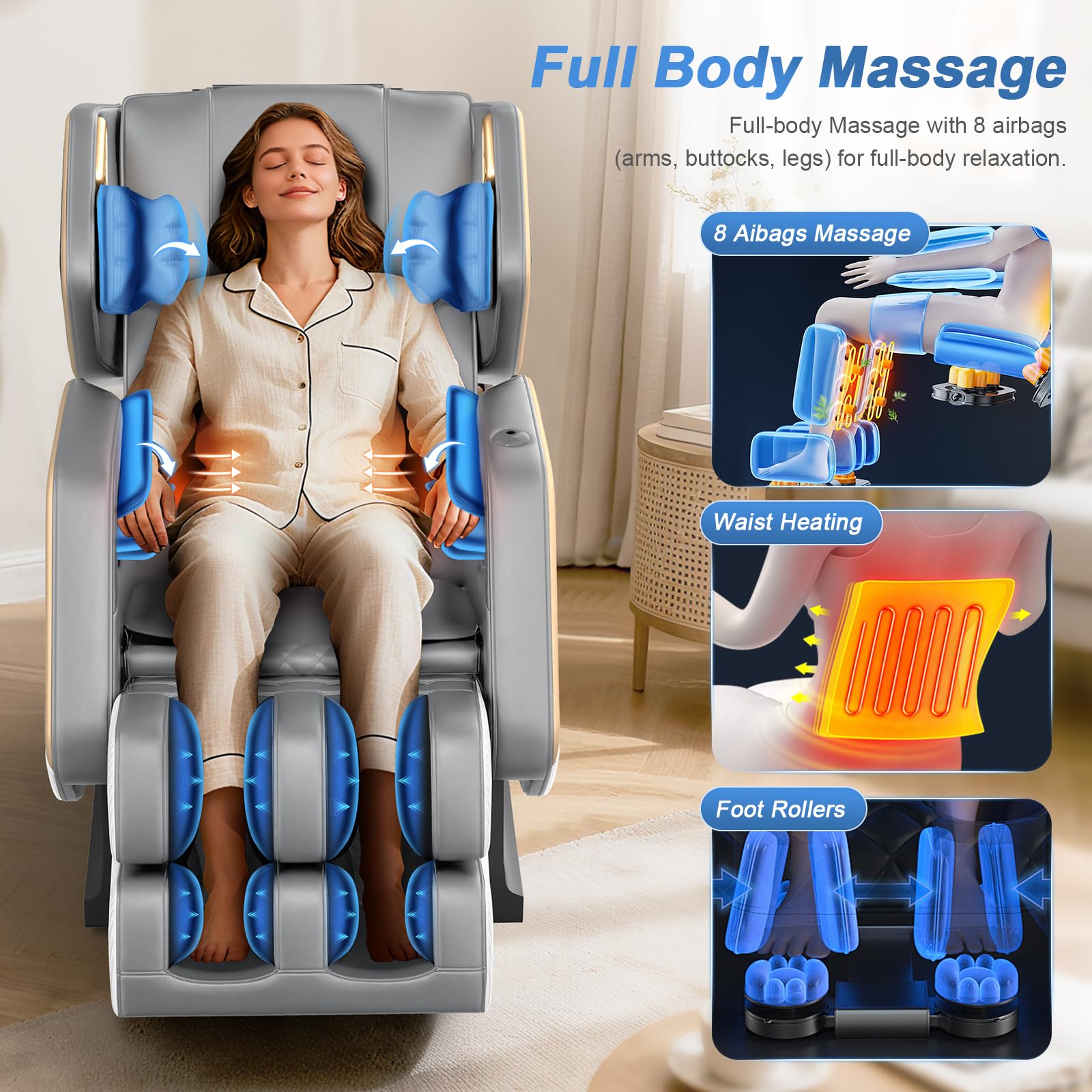 Massage Chair Full Body, Zero Gravity Massage Chair 2026 for Back Fatigue with 10 Fixed Rollers, Heating, Airbags, Phone Controller, Nightlights, Bluetooth Speaker for Living Room, Bedroom