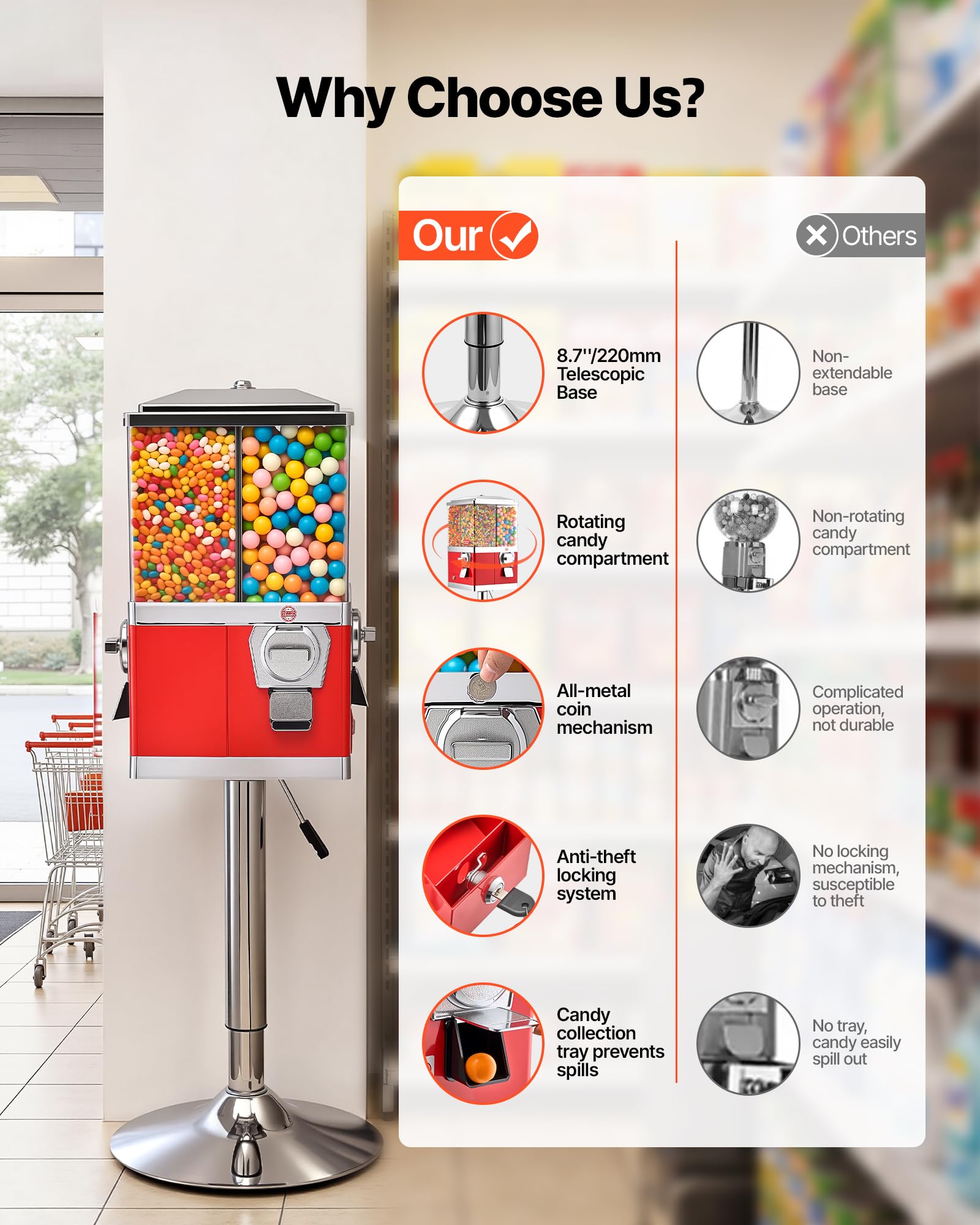 VEVOR Candy Vending Machine, Triple Compartment Candy Vending Machine with Stand, Gumball & Candies Vendings Machines with Built-in Cash Box, Detachable, Vintage Candies Dispenser for Shops, Arcades