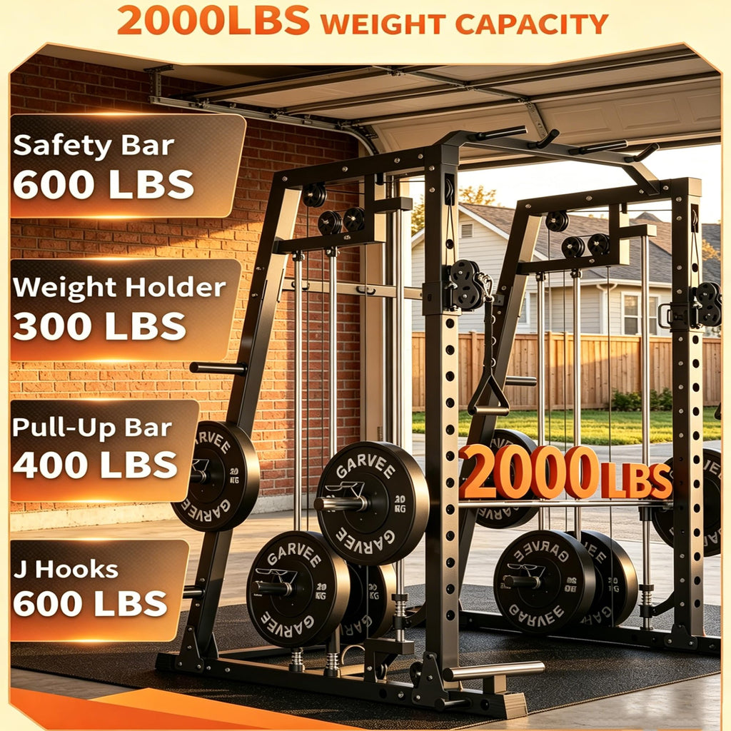 Smith Machine Home Gym, 2200LB Power Cage with Dual Pulley Cable Systems, LAT Pull-Down, Leg Hold-Down & 20+ Attachments for Full Body Workouts