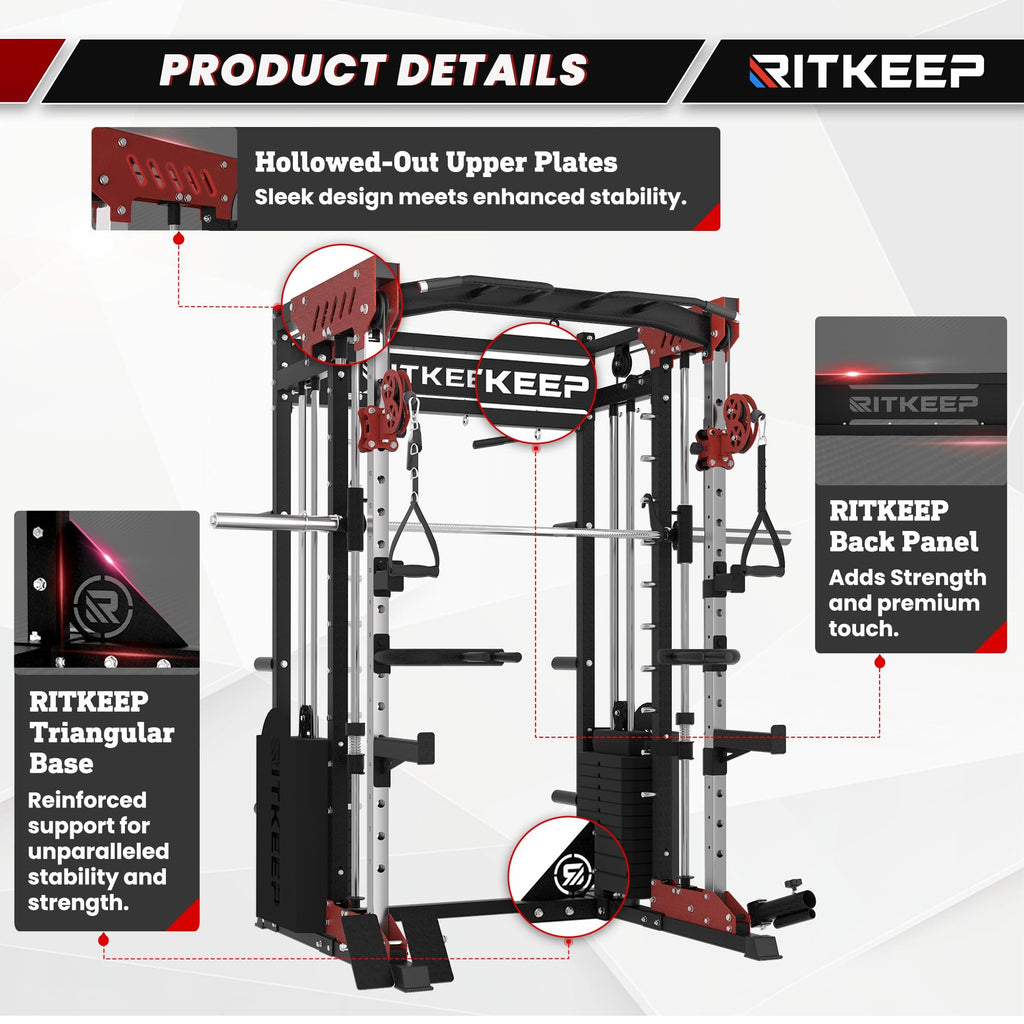RitKeep PMAX-5600 Pro Heavy-Duty Smith Machine Squat Rack with 320 LB Weight Stacks, 6-in-1 Multi-Function Home Gym System, Dual Cable Crossover and 2000 LB Capacity for Full-Body Strength Training