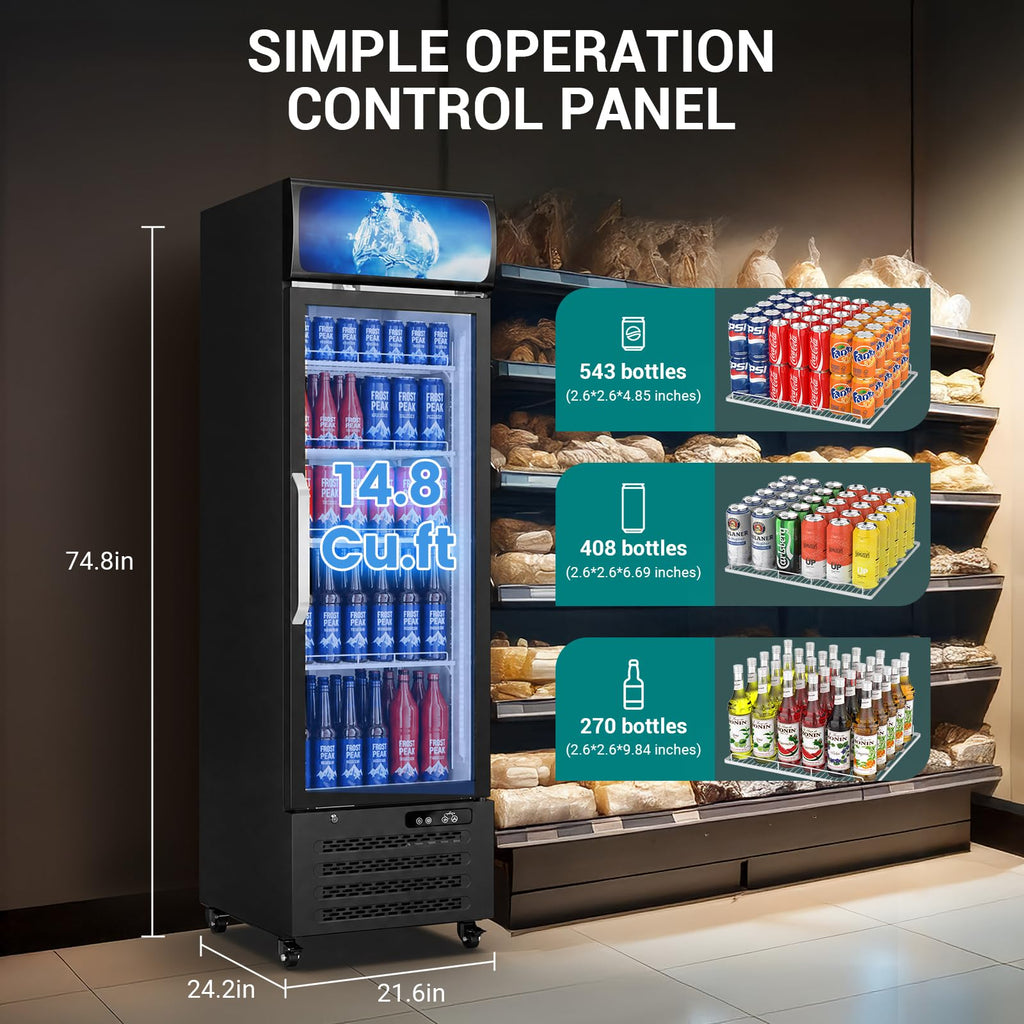 ETL & DOE Certified Commercial Beverage Refrigerator 14.8 Cu Ft, Commercial Display Fridge with Glass Door, Upright Merchandiser Refrigerator Cooler with Front LED Light for Stores, Restaurant, Office
