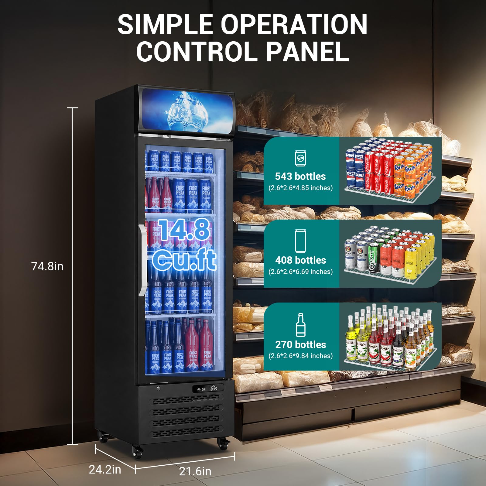 ETL & DOE Certified Commercial Beverage Refrigerator 14.8 Cu Ft, Commercial Display Fridge with Glass Door, Upright Merchandiser Refrigerator Cooler with Front LED Light for Stores, Restaurant, Office