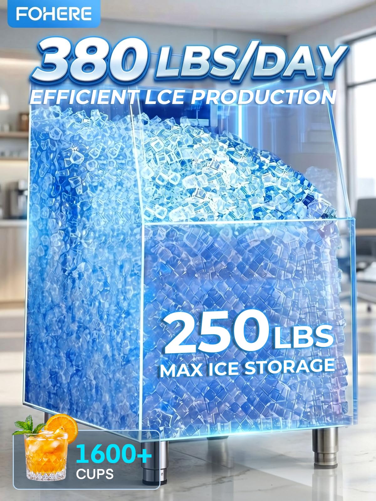 Commercial Ice Maker Machine 380LBS/24H, 250LBS Stainless Steel Storage Bin, 132 Ice Cubes in 8-15min, Self-Cleaning, Air Cooled Ice Machine with Touchscreen for Bar Business Restaurant Cafe (380 lbs)
