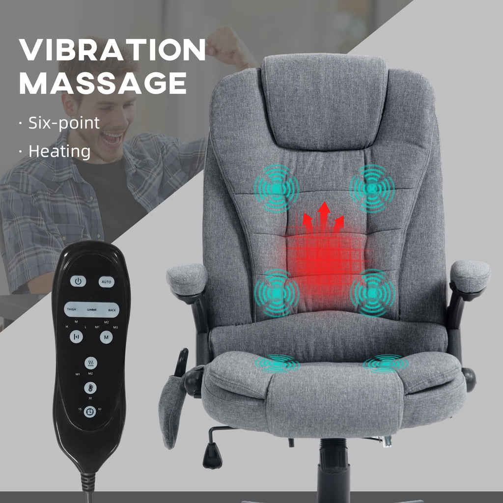 Vinsetto 6 Point Vibrating Massage Office Chair with Heat, Linen High Back Executive Office Chair with Reclining Backrest, Padded Armrests and Remote, Black