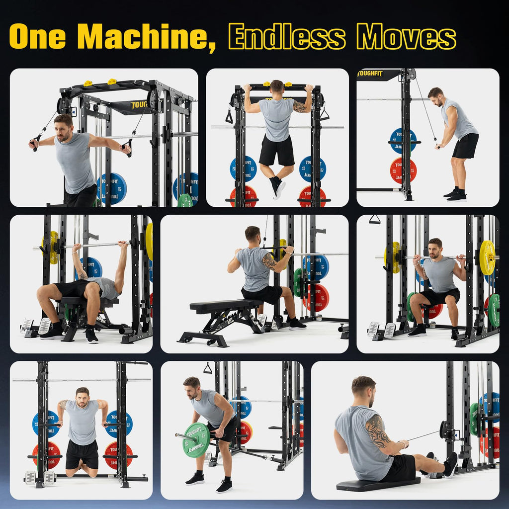 ToughFit F4 Smith Machine, Power cage with Adjustable Cable Crossover System, All-in-One Squat Rack Training Equipment for Home Gym