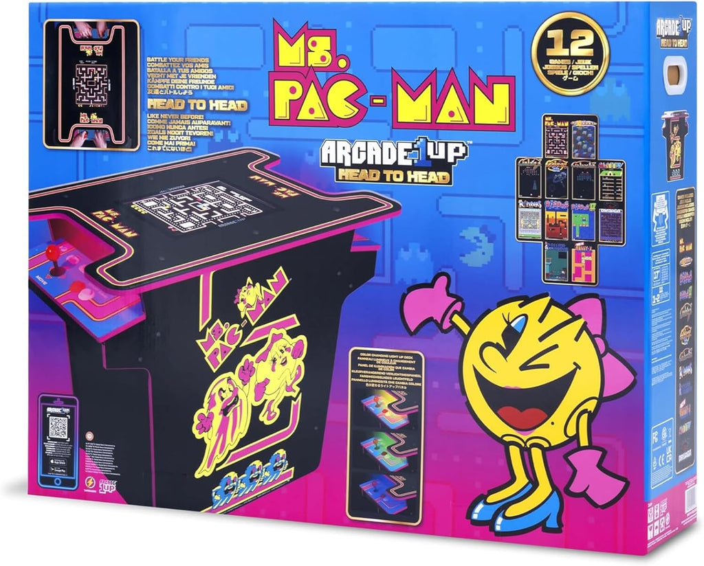 Arcade1Up Ms.PAC-MAN Head-to-Head Arcade Machine – Retro Home Arcade Table with 12 Classic Games, Light-Up Control Deck & Real-Feel Joysticks