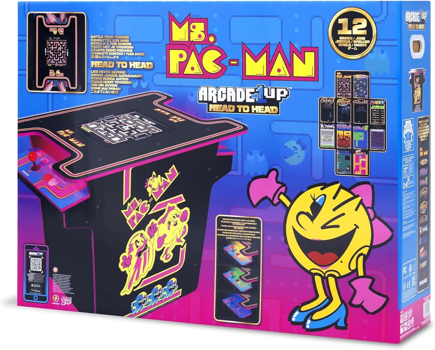Arcade1Up Ms.PAC-MAN Head-to-Head Arcade Machine – Retro Home Arcade Table with 12 Classic Games, Light-Up Control Deck & Real-Feel Joysticks