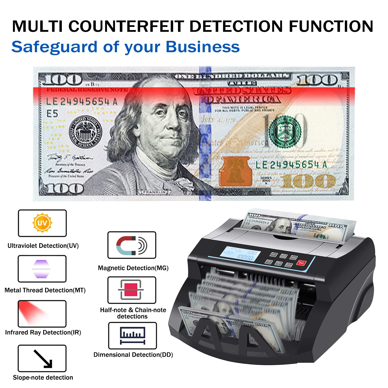 Money Counter Machine Count Value,UV/MG/MT/IR Counterfeit Detection Bill Counter,US Dollar only Cash Counter, Add+Value/Batch+Value Modes,Money Counting Machine with LCD Display (Black+Grey)