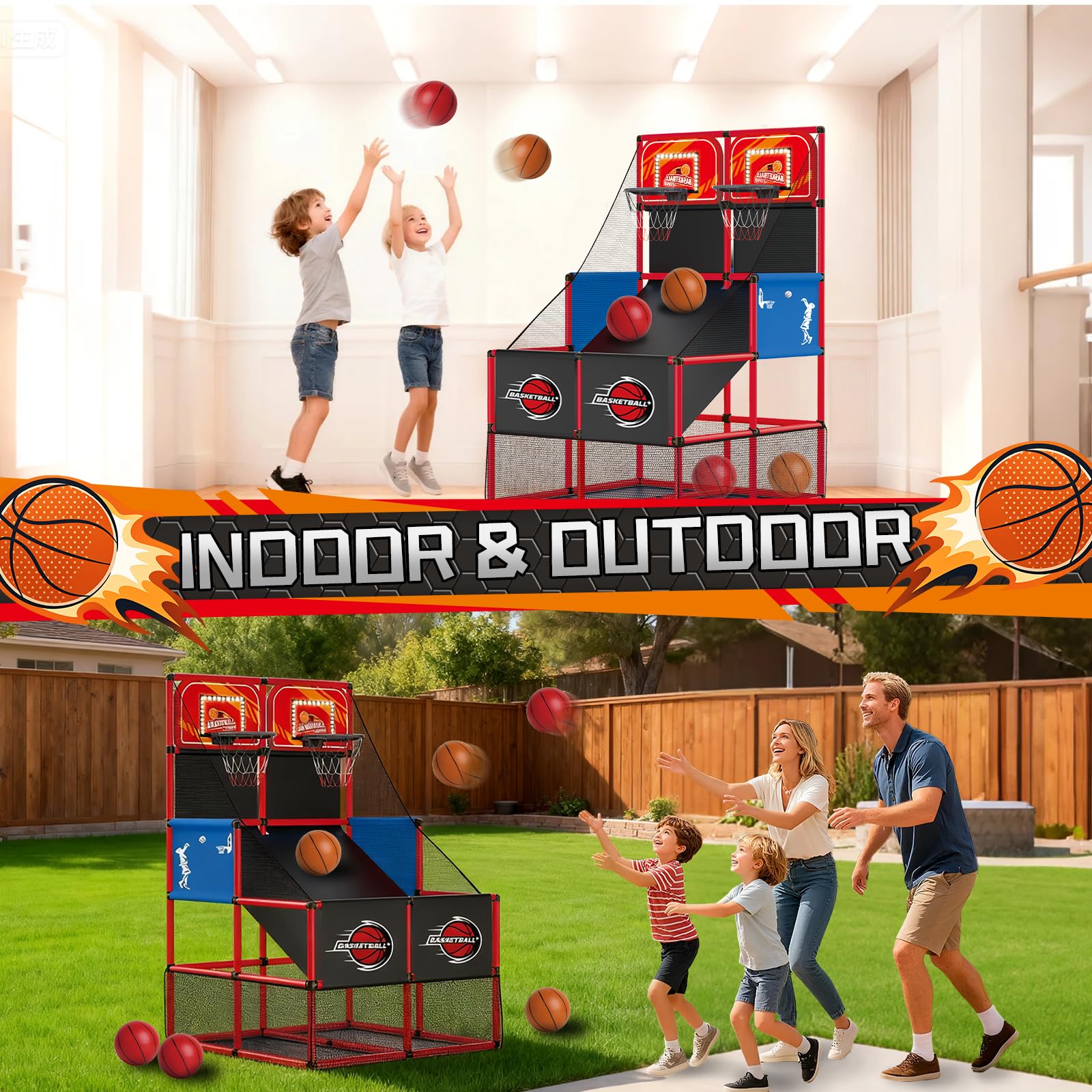 Upgrade Dual Basketball Arcade Game Kids Basketball Hoop with Electronic Scoreboard LED Light 6 Balls Indoor Outdoor Sports Toys Gifts for Boys Girls Ages 3-8 (Red)