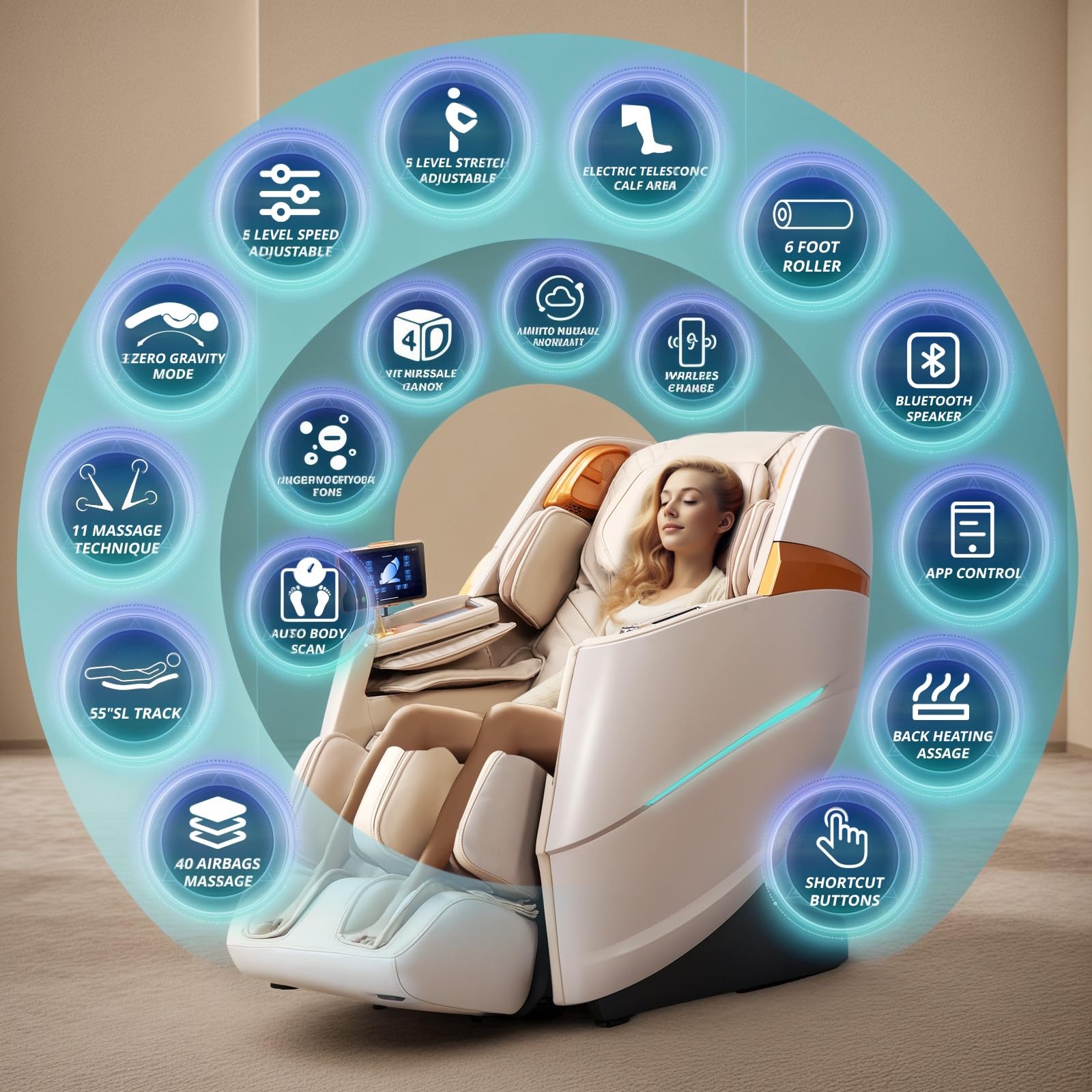 HealthRelife 4D Massage Chair Full Body Zero Gravity Recliner - 55“ SL-Track,20 Auto Modes,11 Massage Technique,40 Airbags Massage,with Yoga Stretch,APP Control,Negative Oxygen lons（Grey）