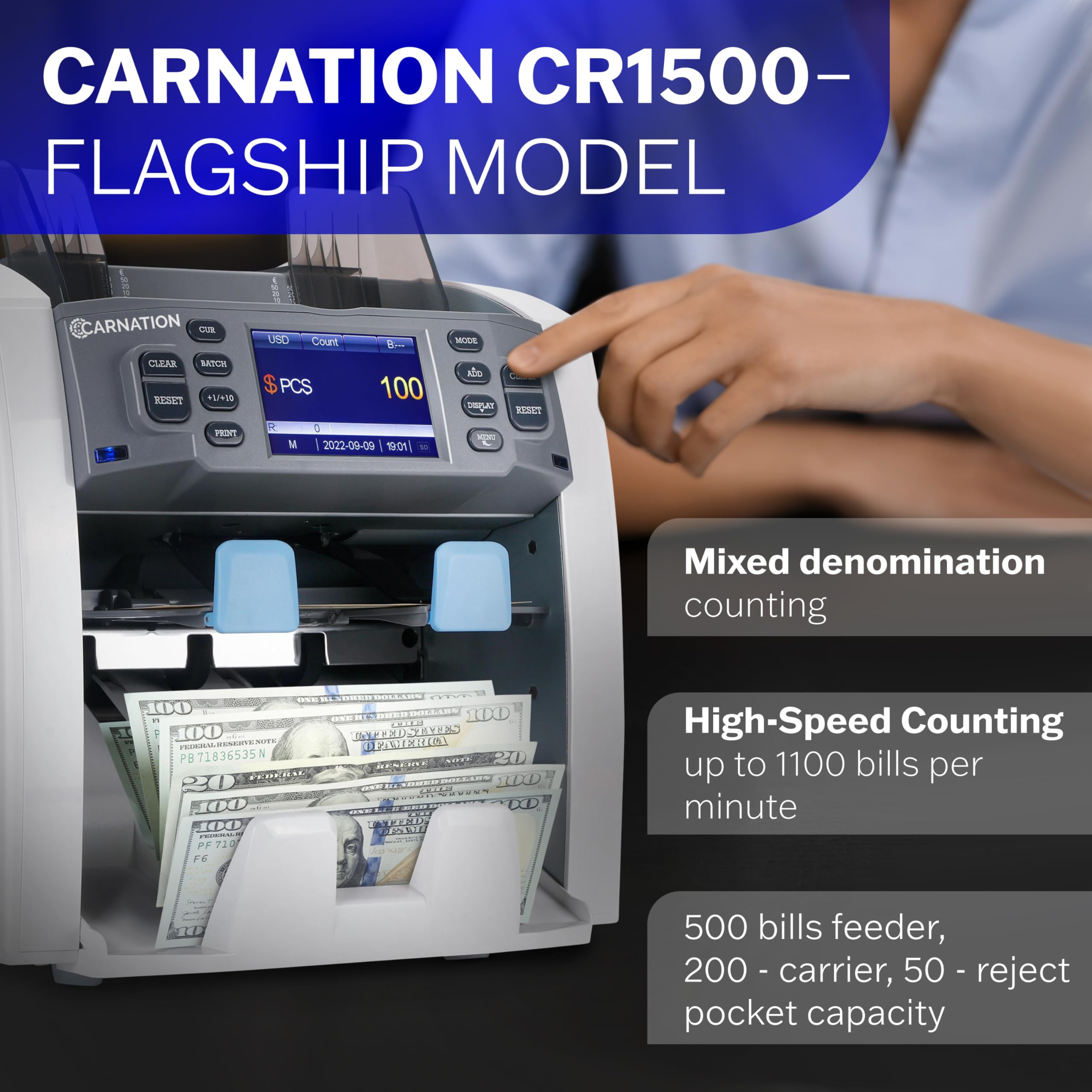 Carnation Money Counter Machine Cash Counting & Mixed Denomination Bill Counter, Portable Currency Detector, Counterfeit Bank Scanner, Dollar Sorter for Commercial, 1100 N/M, UV/MG/MT/IR/2CIS