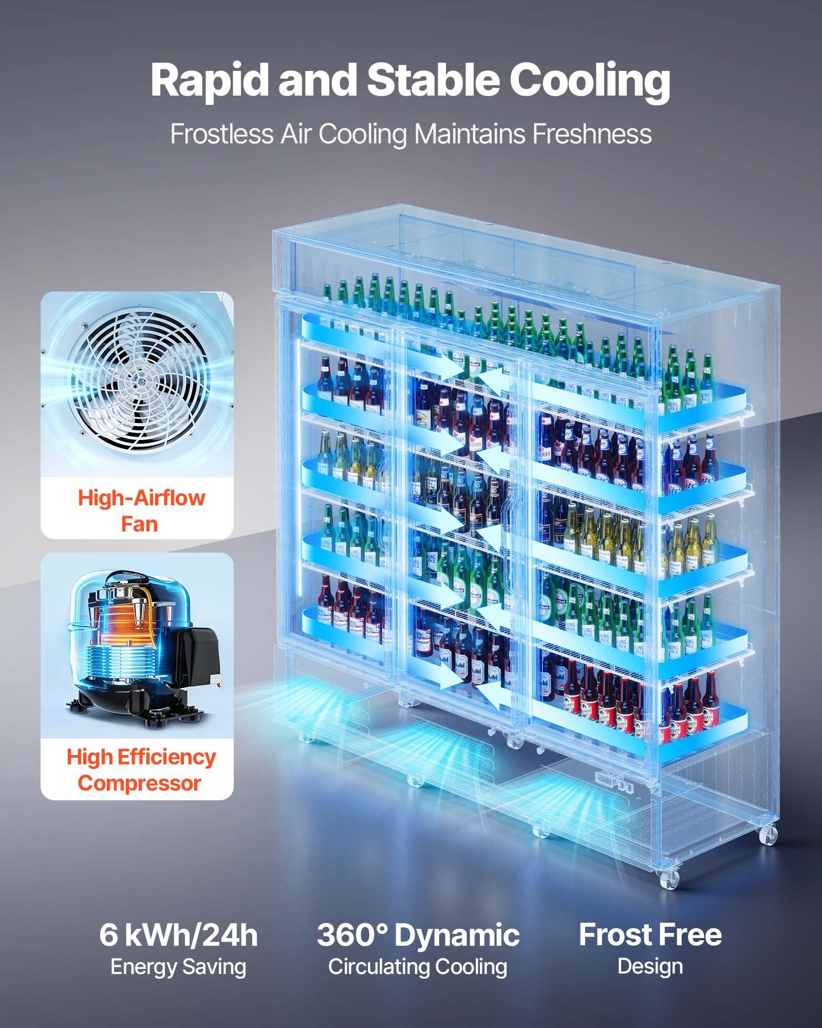 VEVOR Commercial Merchandiser Refrigerator, 6.9 Cu.Ft / 195L Glass Door Display Refrigerator, Upright Beverage Cooler Fridge with 4 Adjustable Shelves, Soft LED Light & Casters for Homes Shops Bars