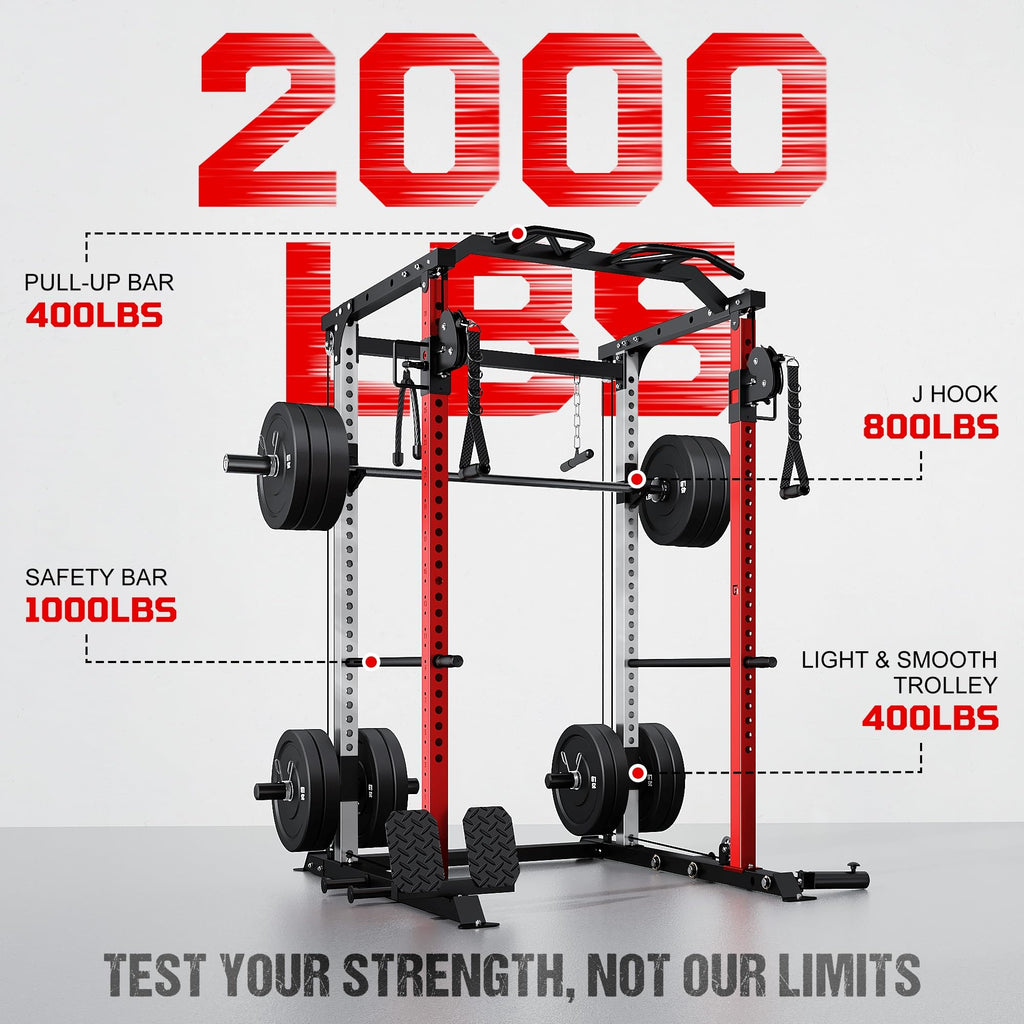 DP01 Power Cage, 2000LBS Squat Rack with with Cable Crossover and Dual Independent Pulley System, Full Cage for Full Body Training, Power Rack with More Training Attachments for Home Gym
