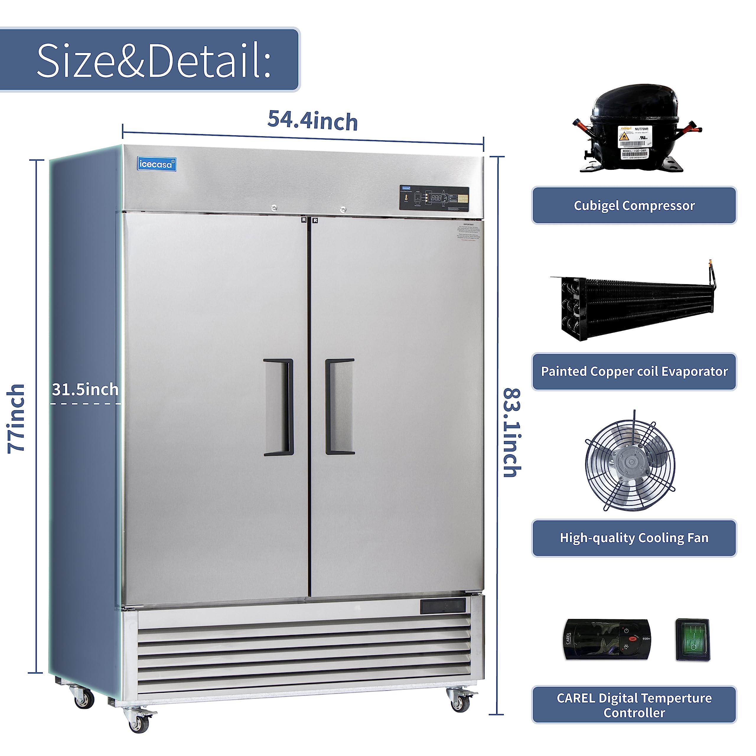 ICECASA 48" W Commercial Refrigerator Reach-in 36 Cu.ft 2 Solid Door Stainless Steel Commercial Refrigerator Fan Cooling for Restuarant, Bar, Shop, etc