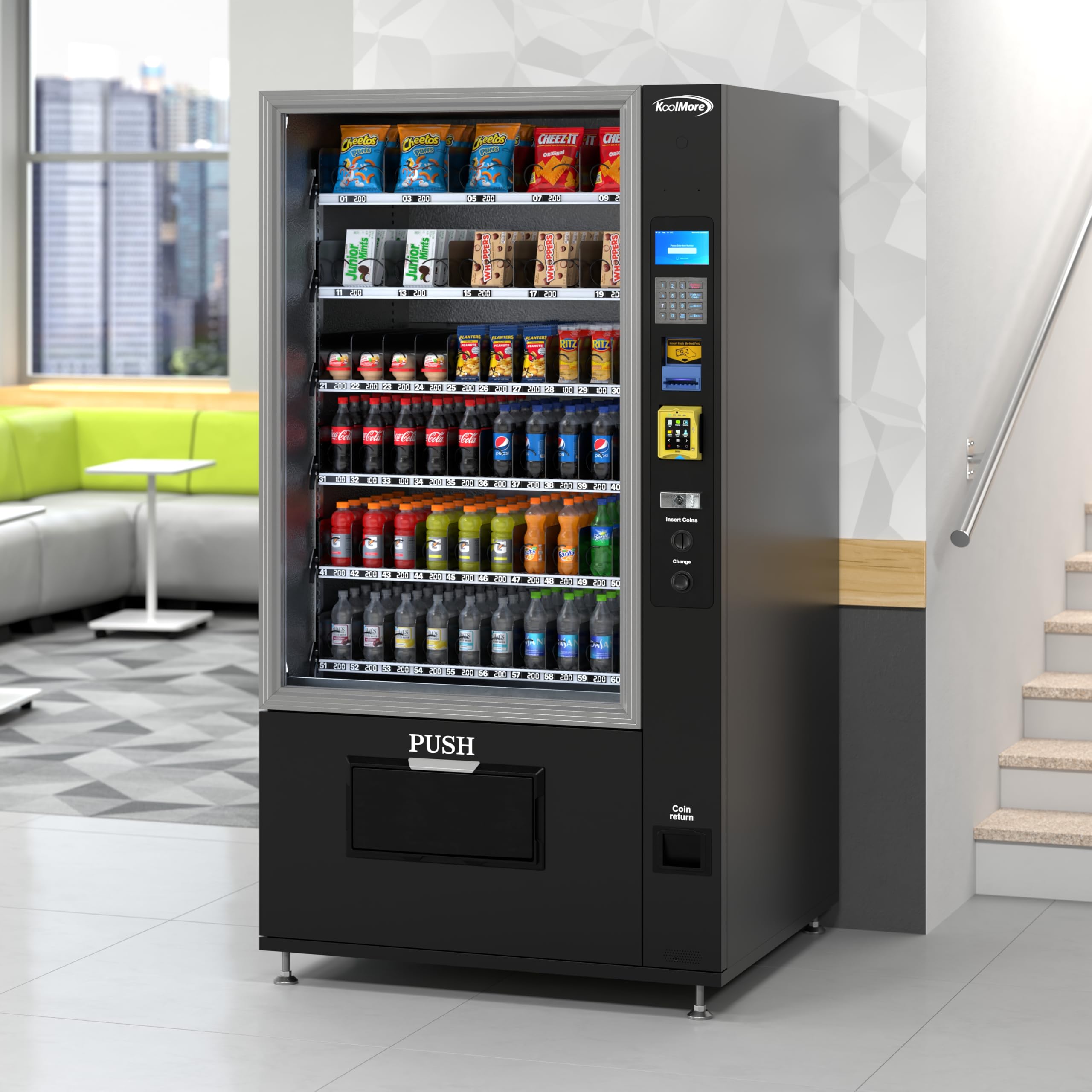 KoolMore Refrigerated Snack Vending Machine with 36 Slots Featuring a Credit Card Reader and Coin/Bill Acceptor in Black (KM-VMR-30-BCR)