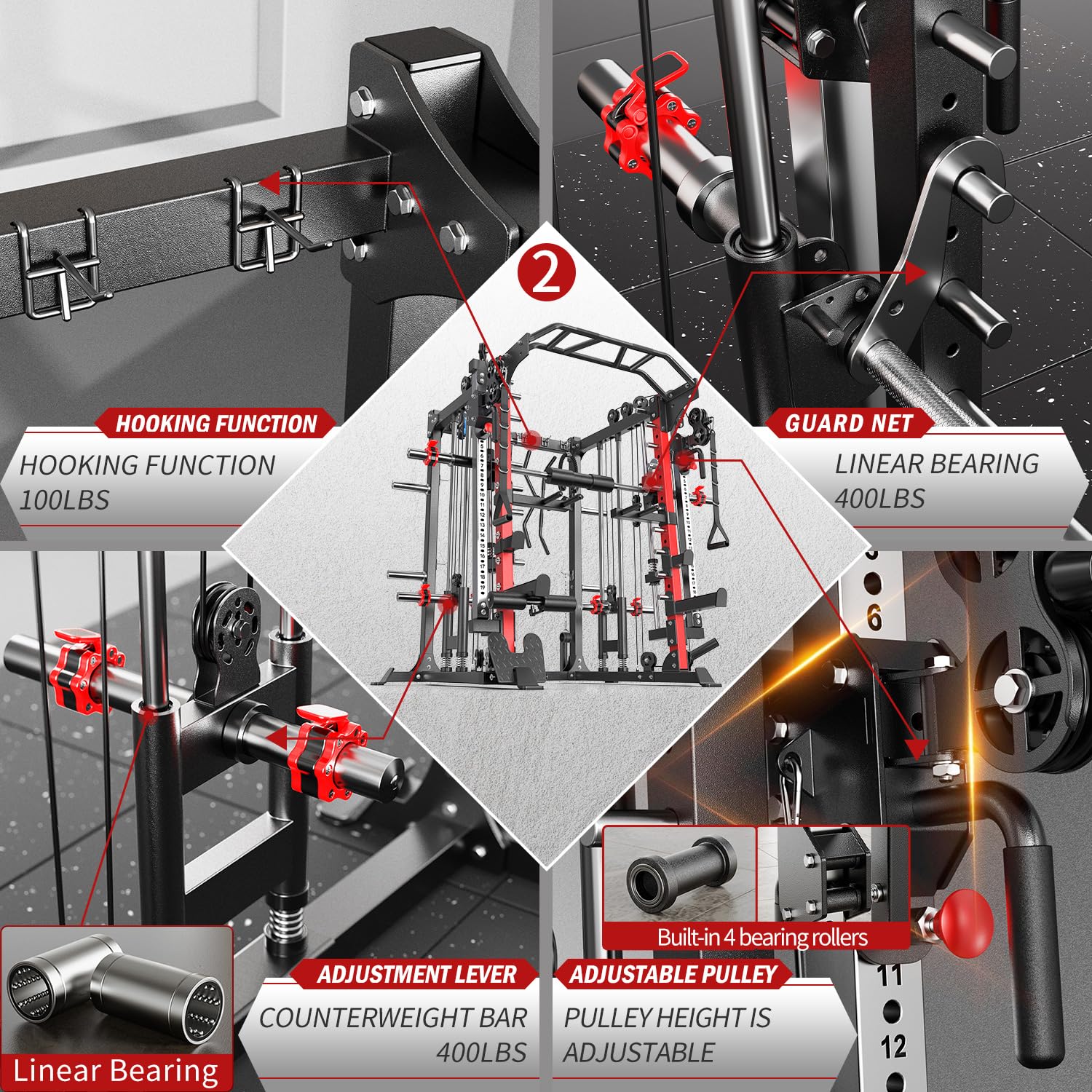 Smith Machine with Cable Crossover System, Multi-Function Squat Rack Power Cage for Home Gym, Power Rack and Packages Weight Sets