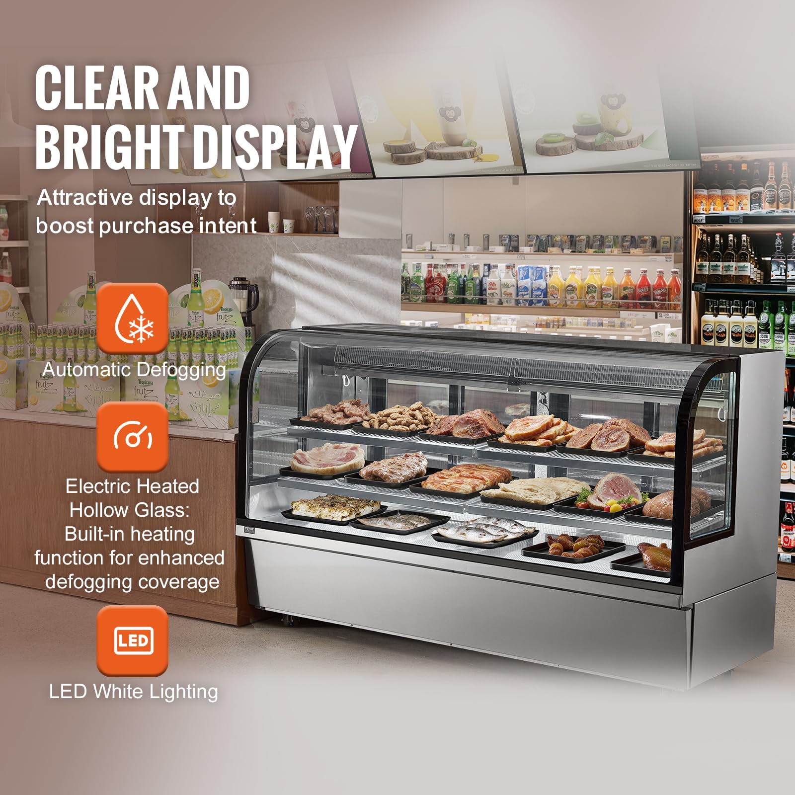 VEVOR Refrigerated Display Case, 3.5 Cu.Ft./100L, 2-Tier, Countertop Pastry Display Case Commercial Display Refrigerator with LED Lighting, TURBO Cooling, Frost-Free Air-Cooling, Rear Sliding Door