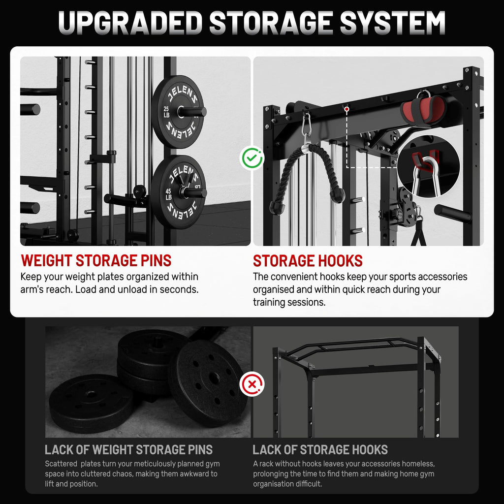 JELENS Smith Machine for Home Gym, Multi-Function M12 Power Cage with Cable Crossover System, Squat Rack with Smith Bar and More Attachment