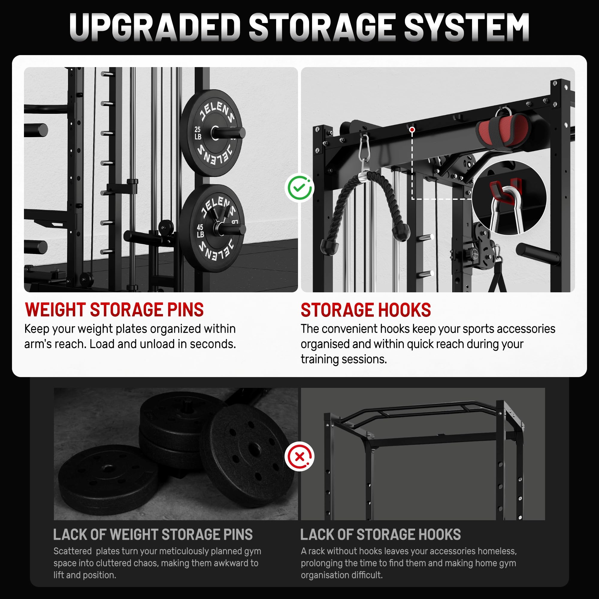 JELENS Smith Machine for Home Gym, Multi-Function M12 Power Cage with Cable Crossover System, Squat Rack with Smith Bar and More Attachment