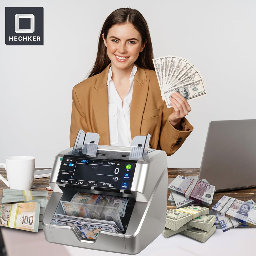 10000 Plus Bank Grade Money Counter Machine – Mixed Denomination Bill Counter with Touch Screen, 2 CIS, UV/MG/IR/MT Detection, Serial Number Reader & External Display, 1500 Bills/Min
