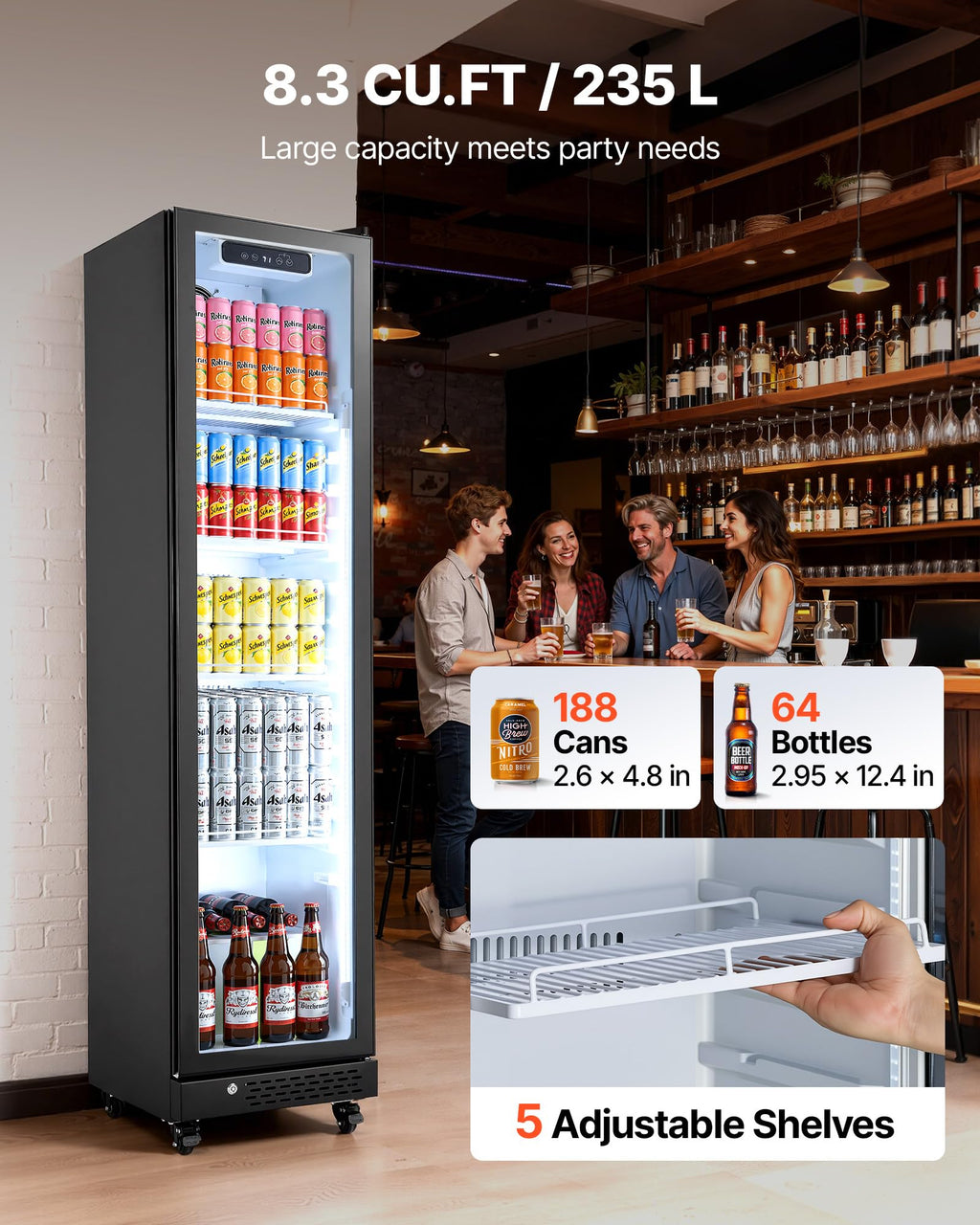VEVOR Commercial Merchandiser Refrigerator, 6.9 Cu.Ft / 195L Glass Door Display Refrigerator, Upright Beverage Cooler Fridge with 4 Adjustable Shelves, Soft LED Light & Casters for Homes Shops Bars