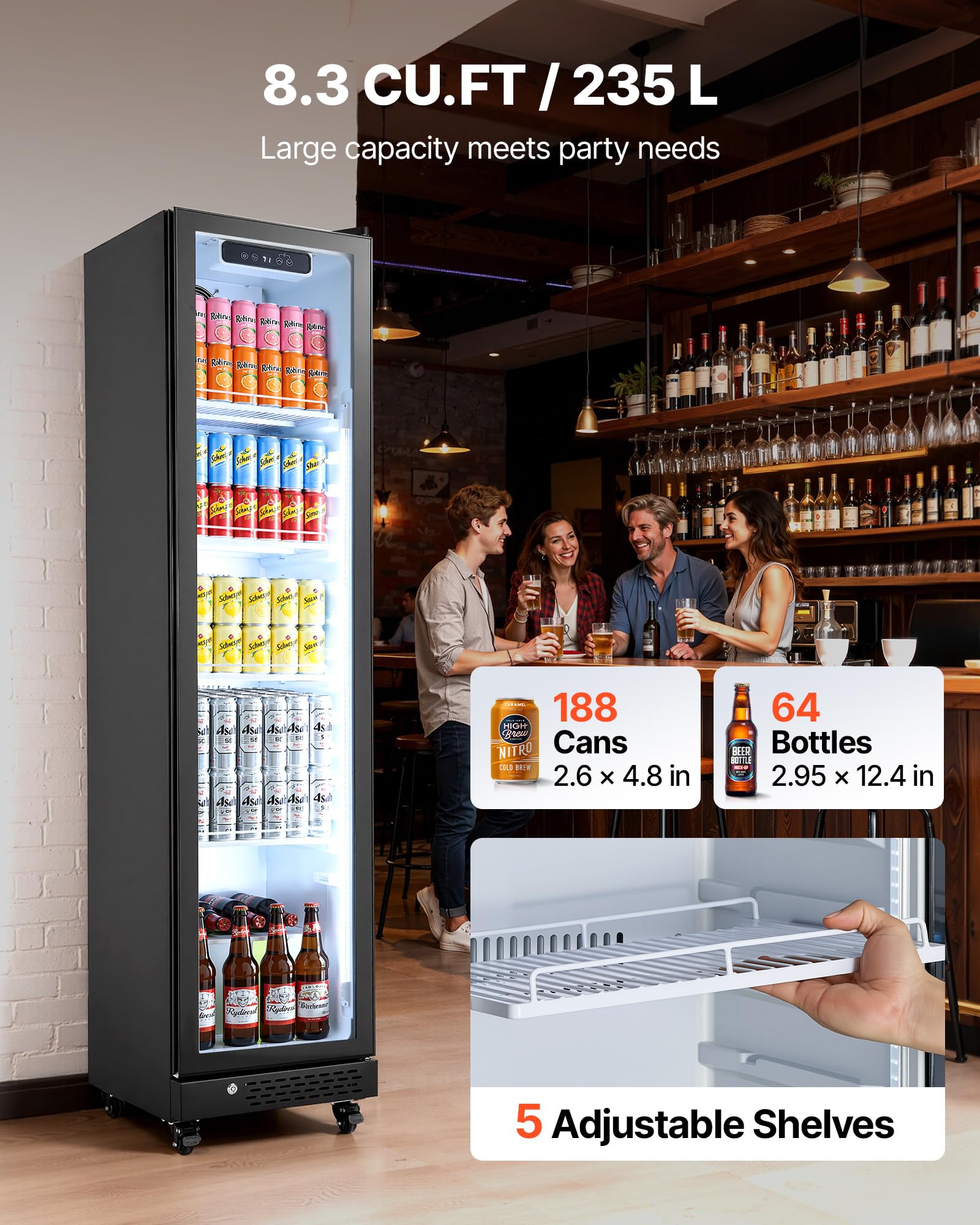 VEVOR Commercial Merchandiser Refrigerator, 6.9 Cu.Ft / 195L Glass Door Display Refrigerator, Upright Beverage Cooler Fridge with 4 Adjustable Shelves, Soft LED Light & Casters for Homes Shops Bars