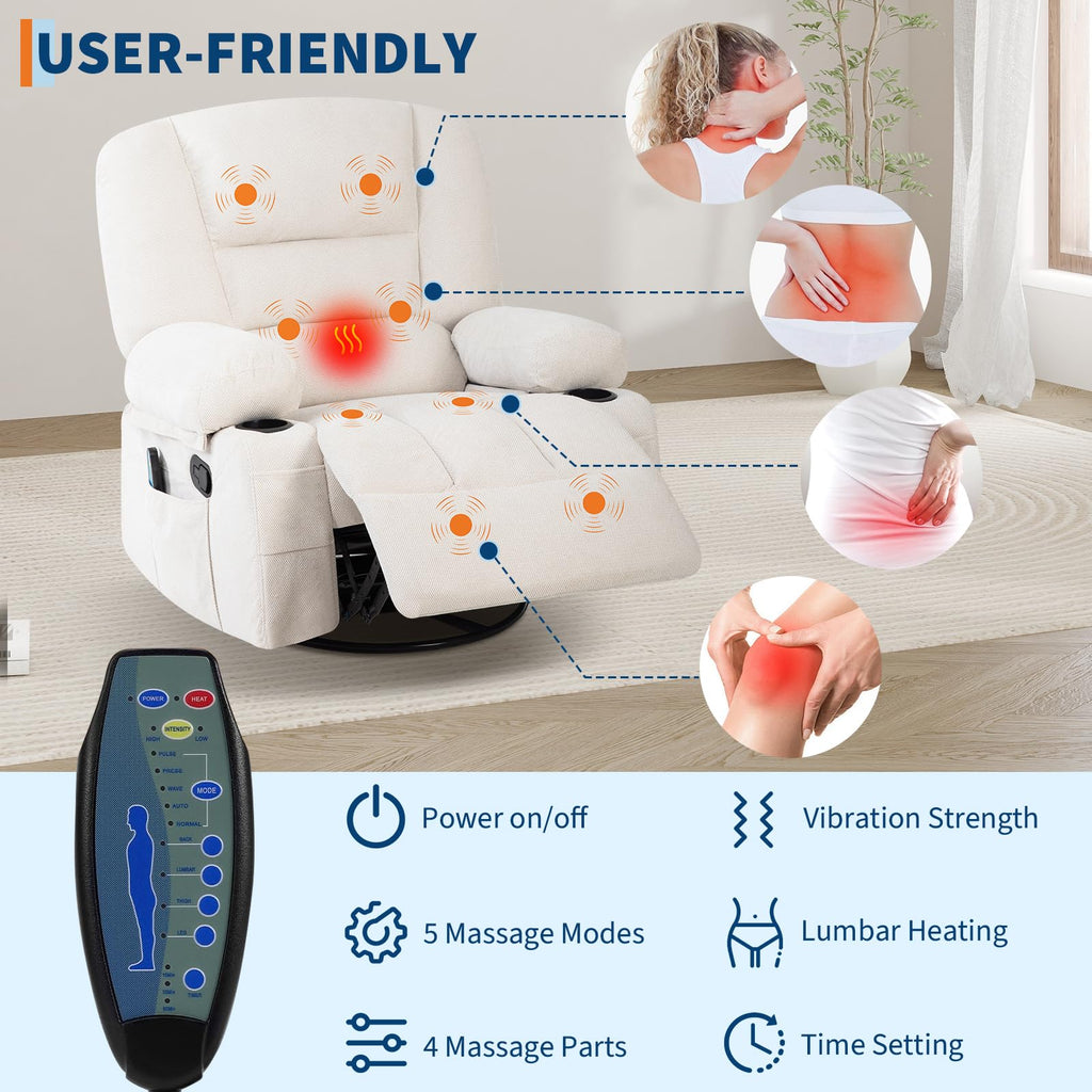 Oversized Wide Recliner Chair with Vibration Massage and Heat, 360° Swivel Recliner Glider for Adults,Chenille Fabric Manual Reclining Single Sofa with Cup Holders & Side Pockets for Living Room,White