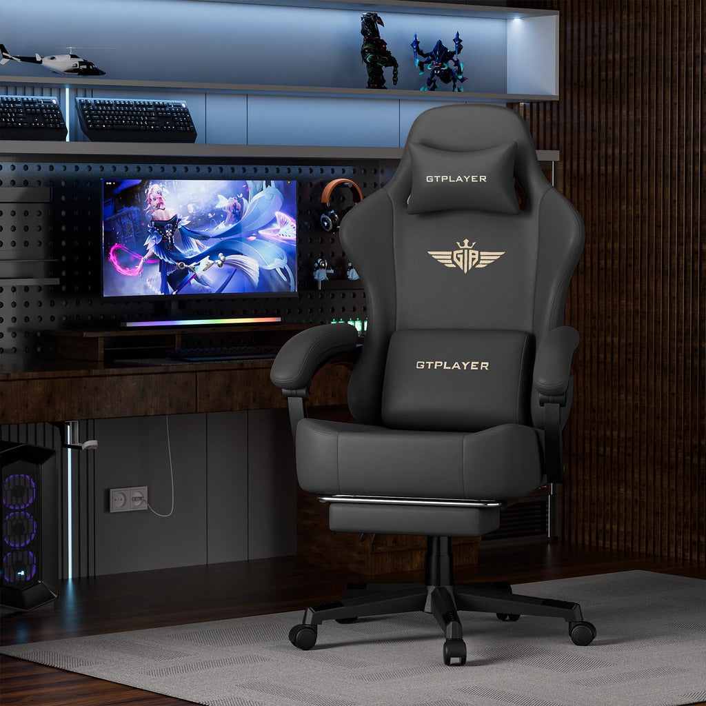 GTPLAYER Gaming Chair with Pocket Spring Cushion, Big and Tall Gamings Chairs 350LBS High Back Computer Chair with Footrest for Adults Lumbar Support Swivel Game Chair for Office,Leather Black-Massage