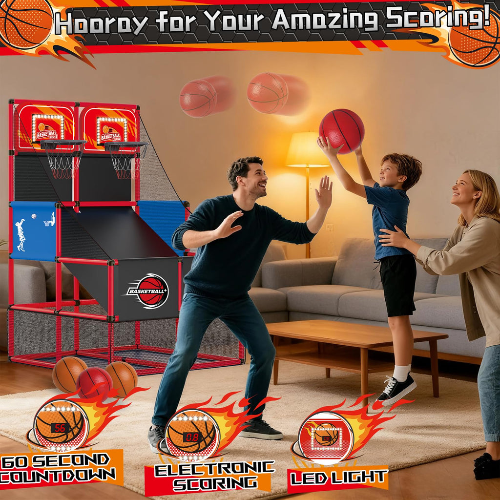 Upgrade Dual Basketball Arcade Game Kids Basketball Hoop with Electronic Scoreboard LED Light 6 Balls Indoor Outdoor Sports Toys Gifts for Boys Girls Ages 3-8 (Red)
