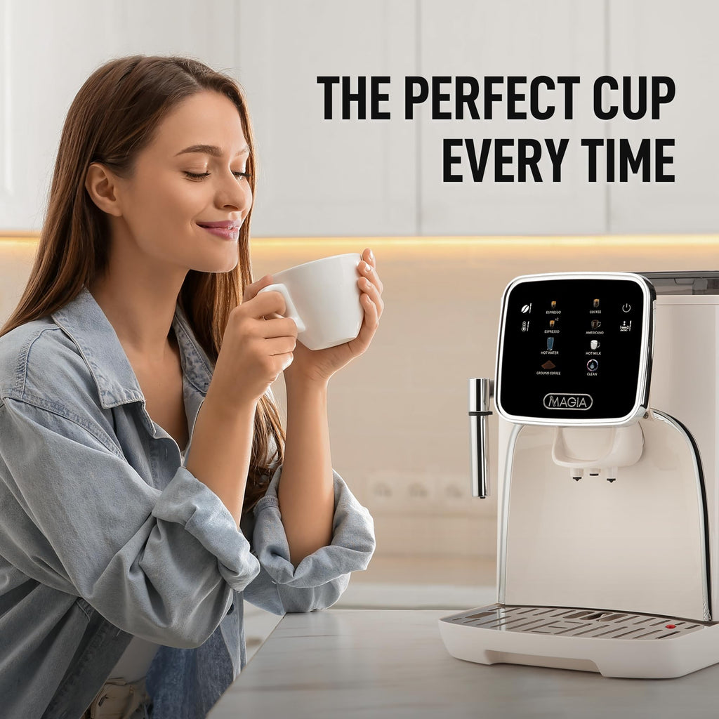 Zulay Magia Super Automatic Espresso Maker Machine with Grinder - 19 Fully Customizable Coffee Options, Auto Cleaning, Milk Foam System - for Latte, Cappuccino - Ultra LUX - White (13.7x17.7x9.4)